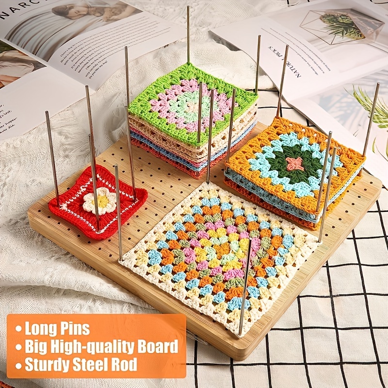 Tablero de Bloqueo para Granny Square, Wooden Blocking Board Crochet 20 x  20 cm, Tablero de Bloqueo Crochet con 20 Barras de Acero Inoxidable y 5
