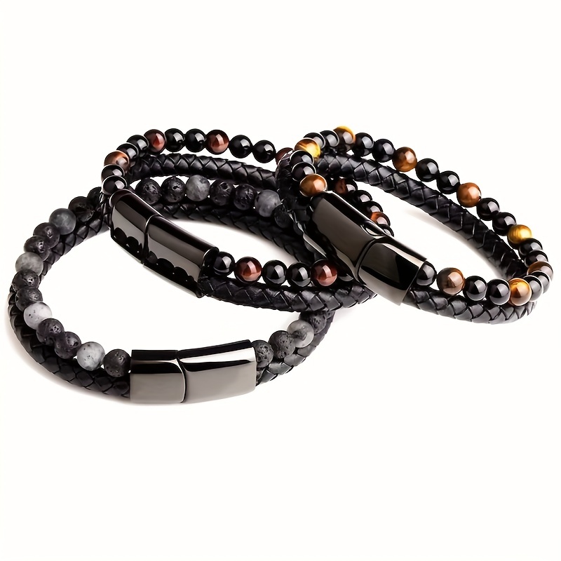 Double Layer Leather Braided Bracelet, Natural Tiger Eye Stone