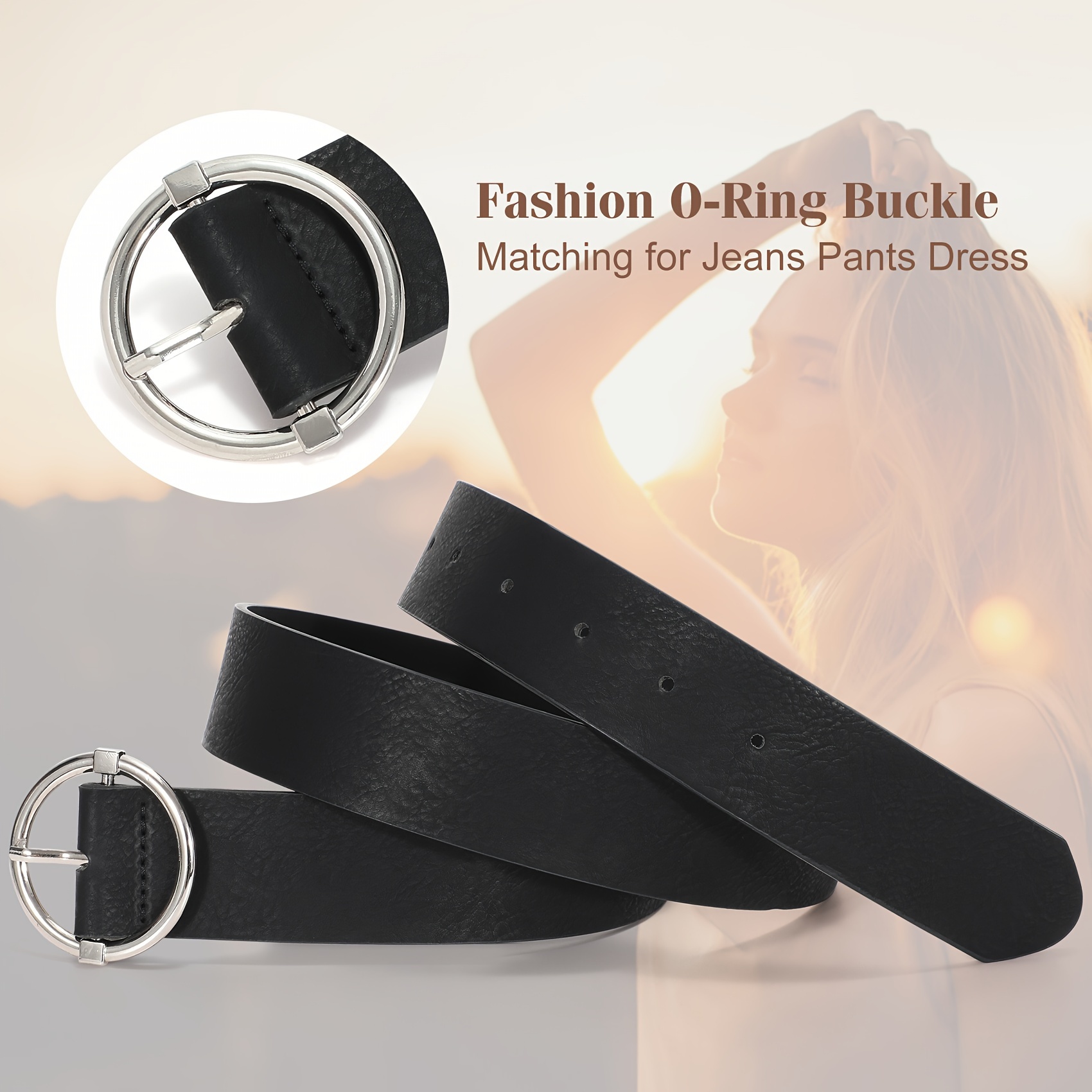 Girls women PU leather belt with round buckle waistband without