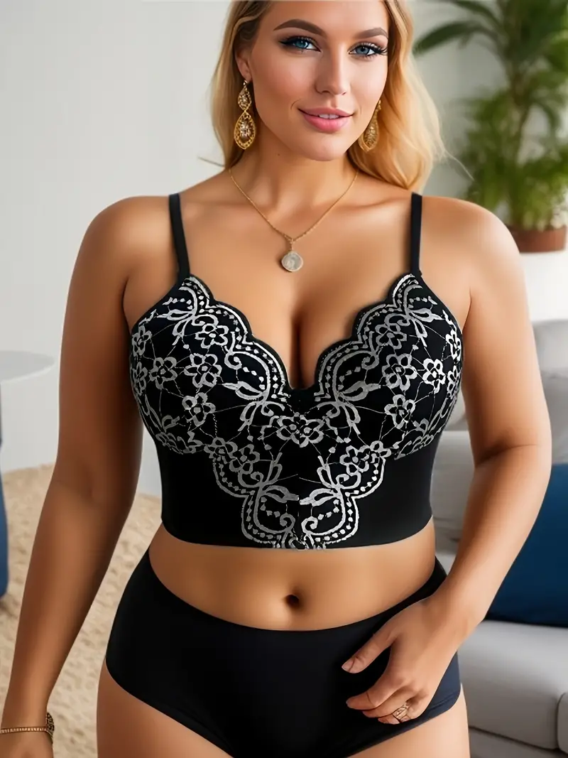 Plus Size Sexy Bra Women's Plus Floral Embroidered Scalloped