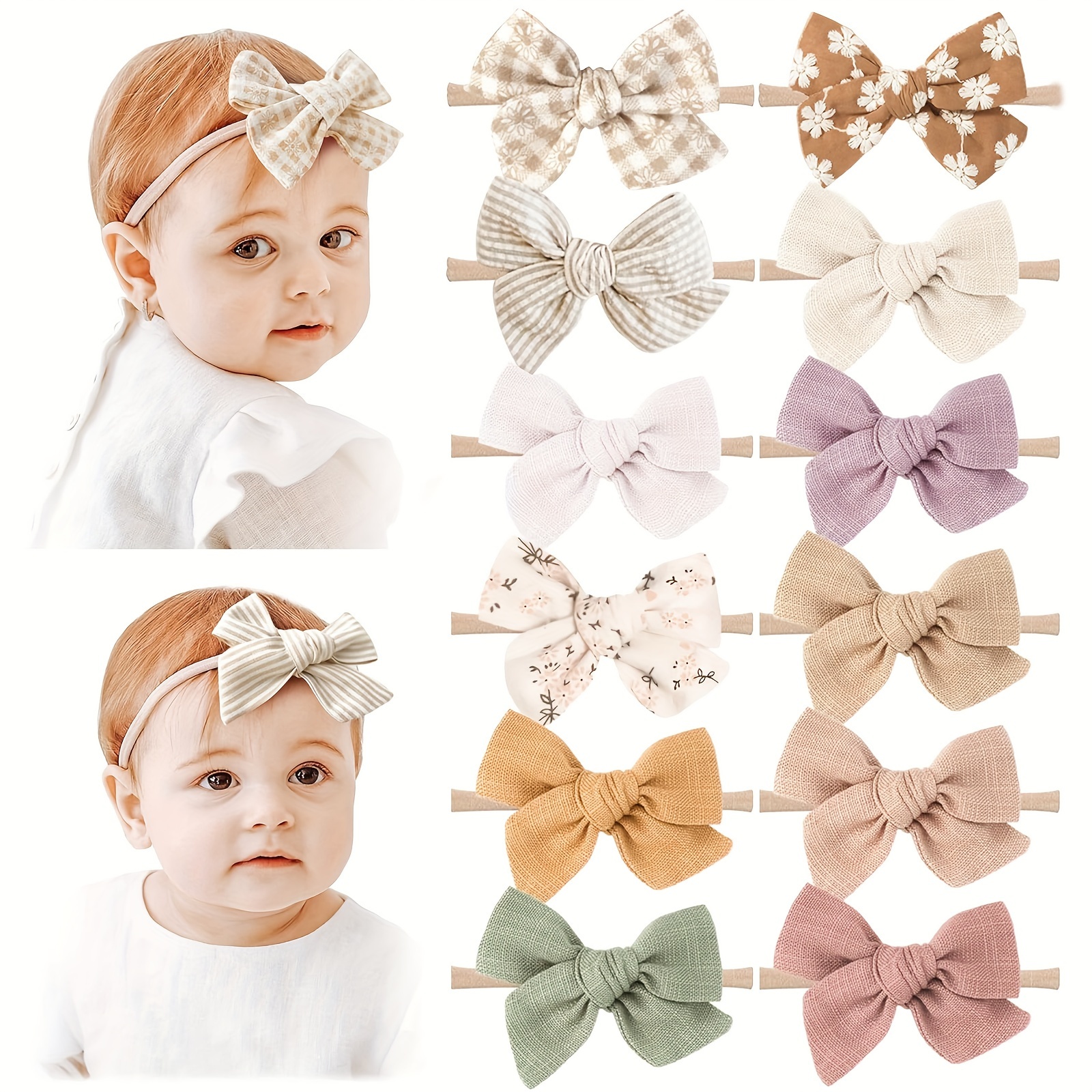 

12pcs Baby Girls Elastic Bows Hairbands For Newborns, Infants & Toddlers, Handmade Hair Accessories For Girls