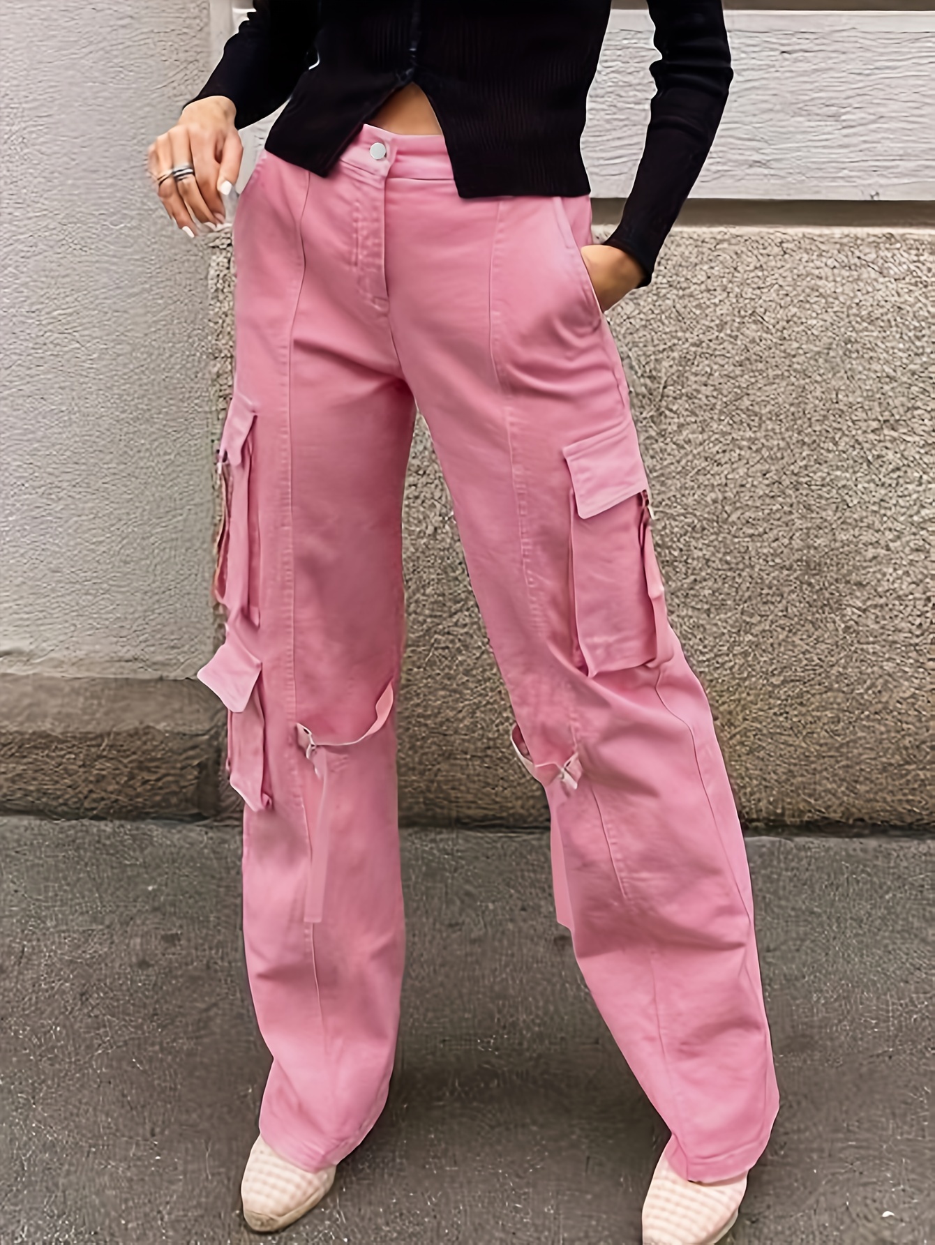 Pantalon Jean Cargo Mujer Ancho Rigido Bolsillos Pink Rock