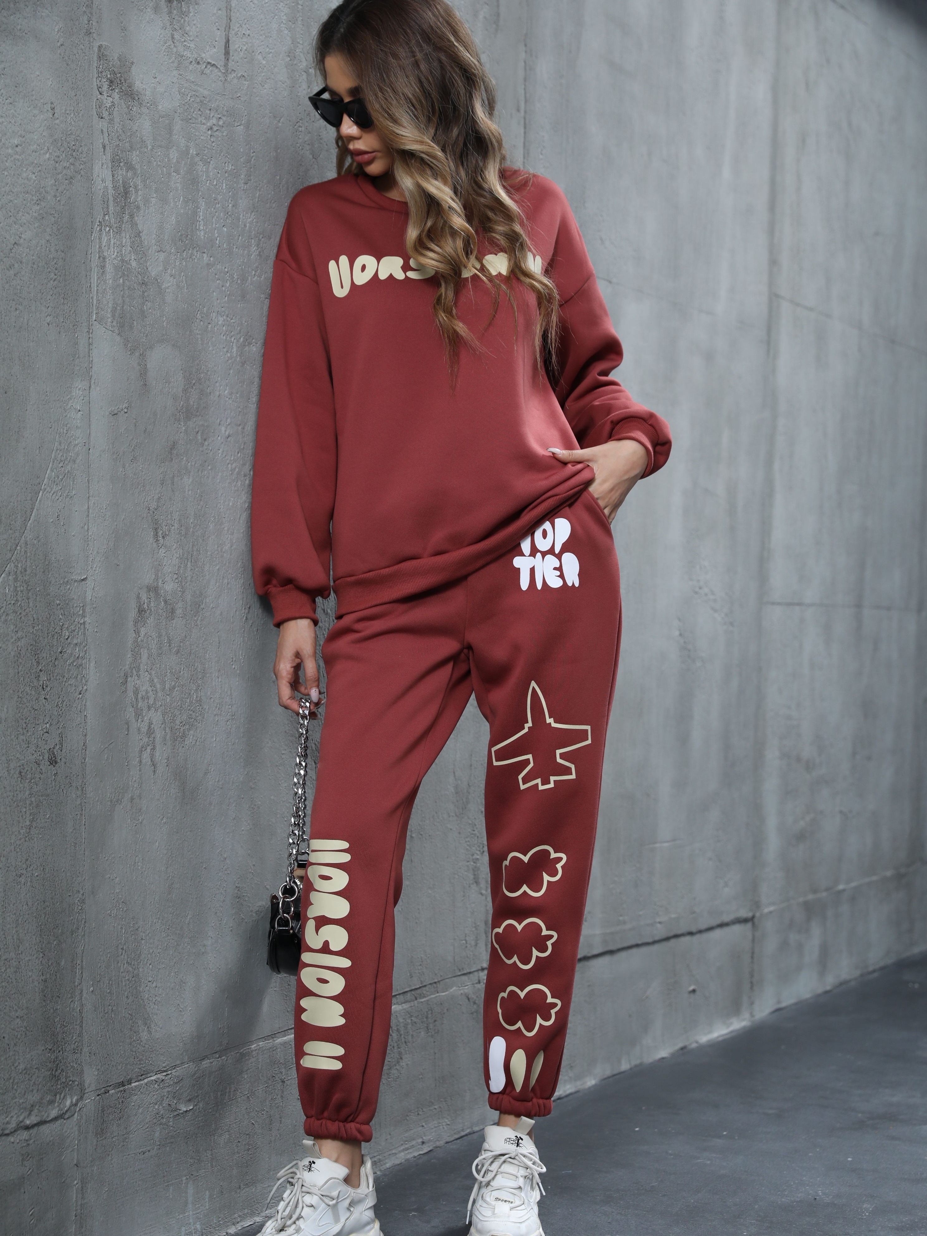 Letter Graphic Print Two piece Set Casual Long Sleeve Hoodie - Temu
