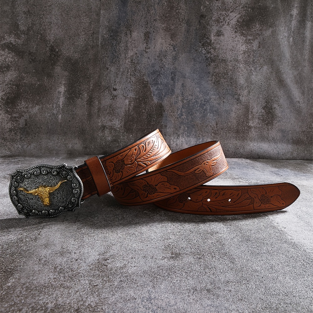 1pc Vintage Engraved Floral Pattern Colored Print PU Leather Belt 1pc Vintage Engraved Floral Pattern Colored Print PU Leather  main image 4