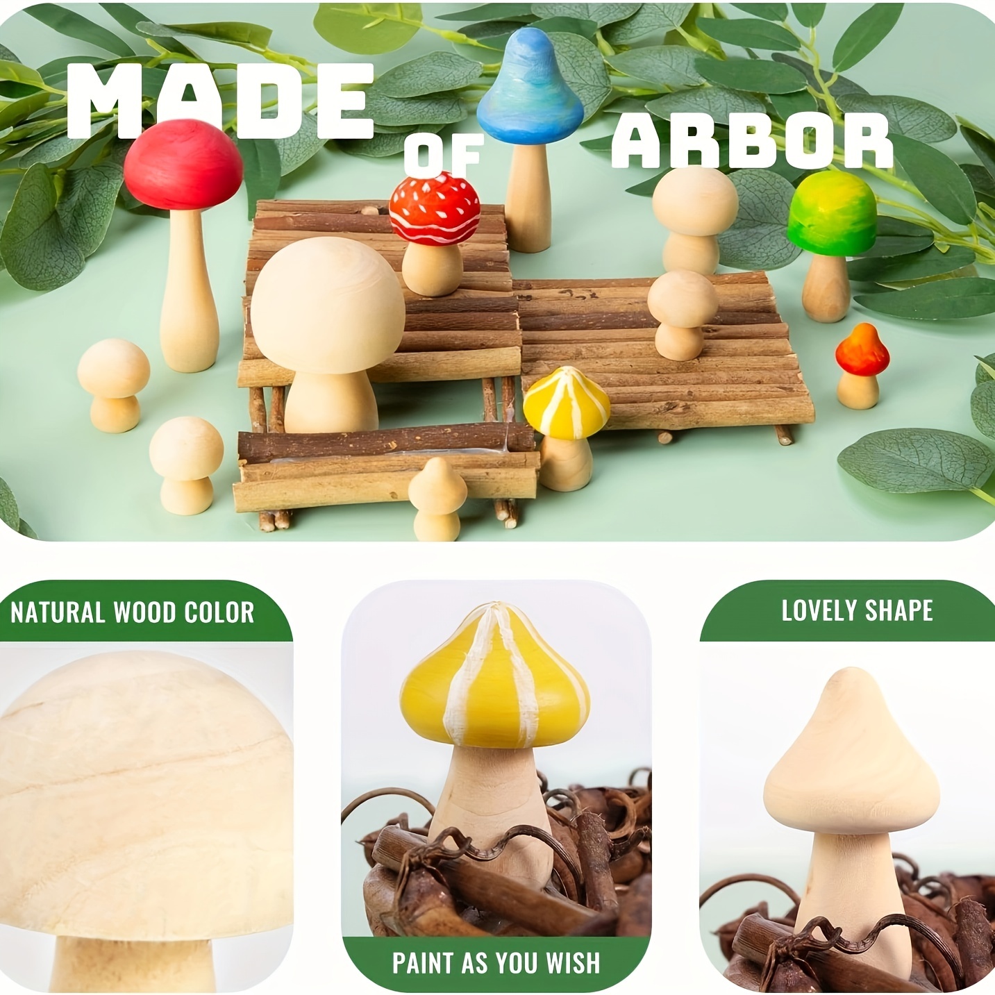 1PC Wooden Mushroom Set Various Sizes Natural Unfinished Mushrooms