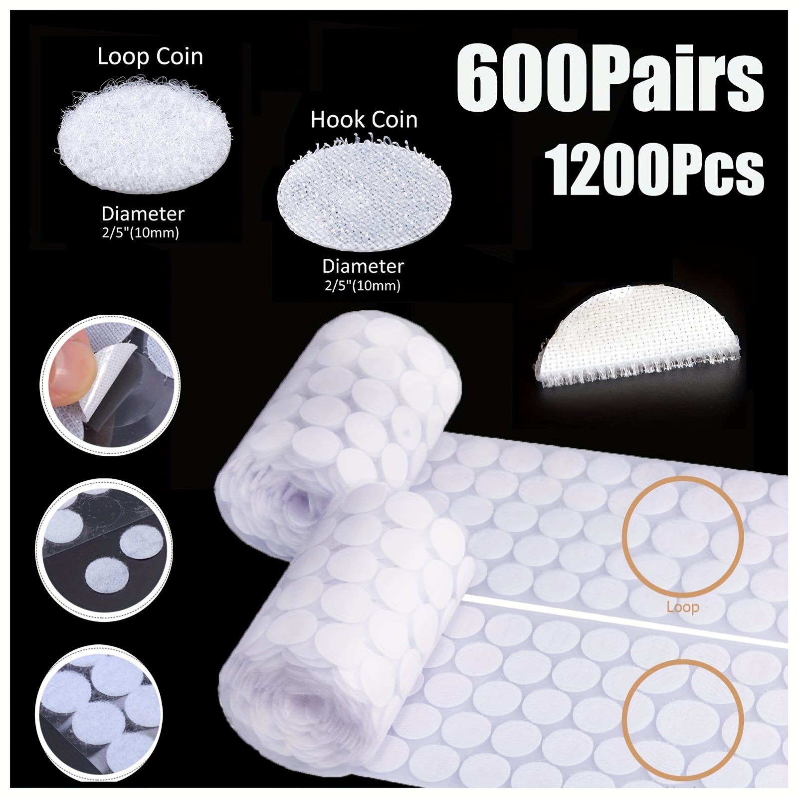 Self Adhesive Dots Strong Adhesive 1000pcs(500 Pairs) 0.59 Diameter Sticky Back Coins Nylon Coins Hook & Loop Dots with Waterproof Sticky Glue