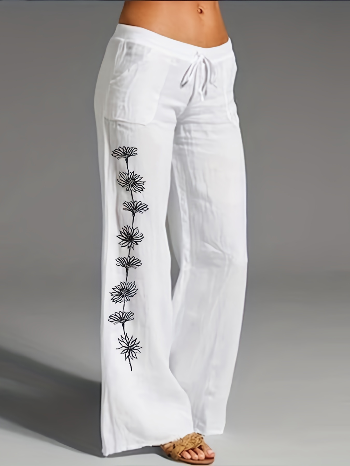 Flower Print Loose Pants Casual Lace High Waist Wide Leg - Temu