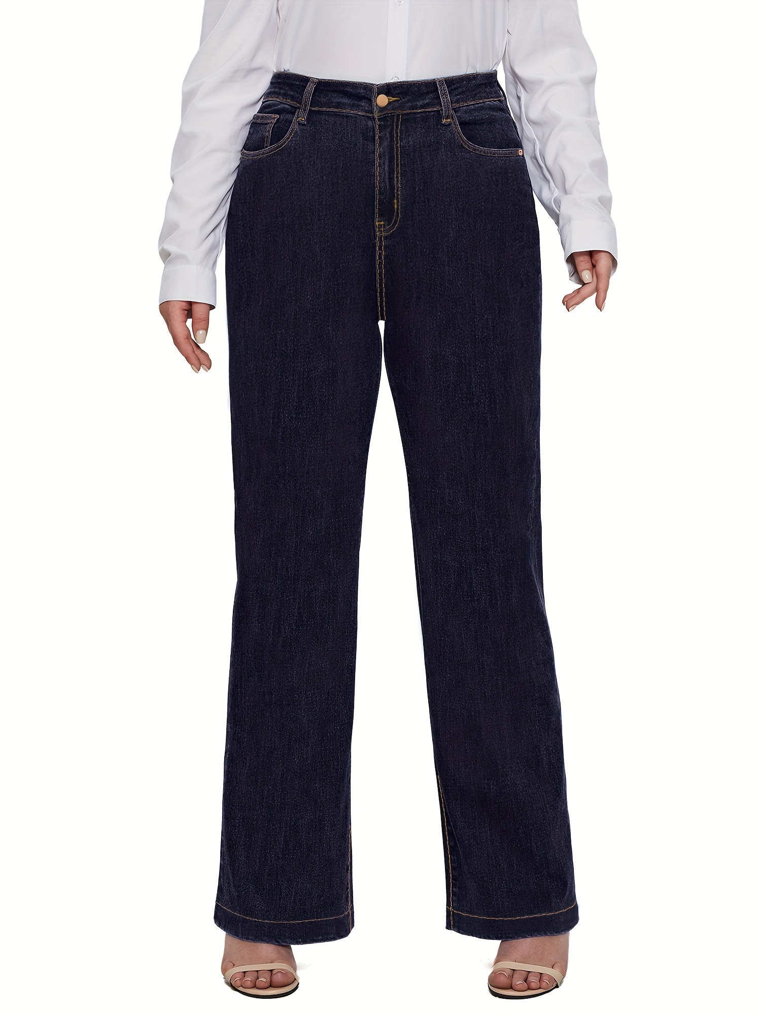 Plus Size Solid Button Up Straight Leg Jeans, Women's Plus Medium Stretch  Straight Leg Jeans