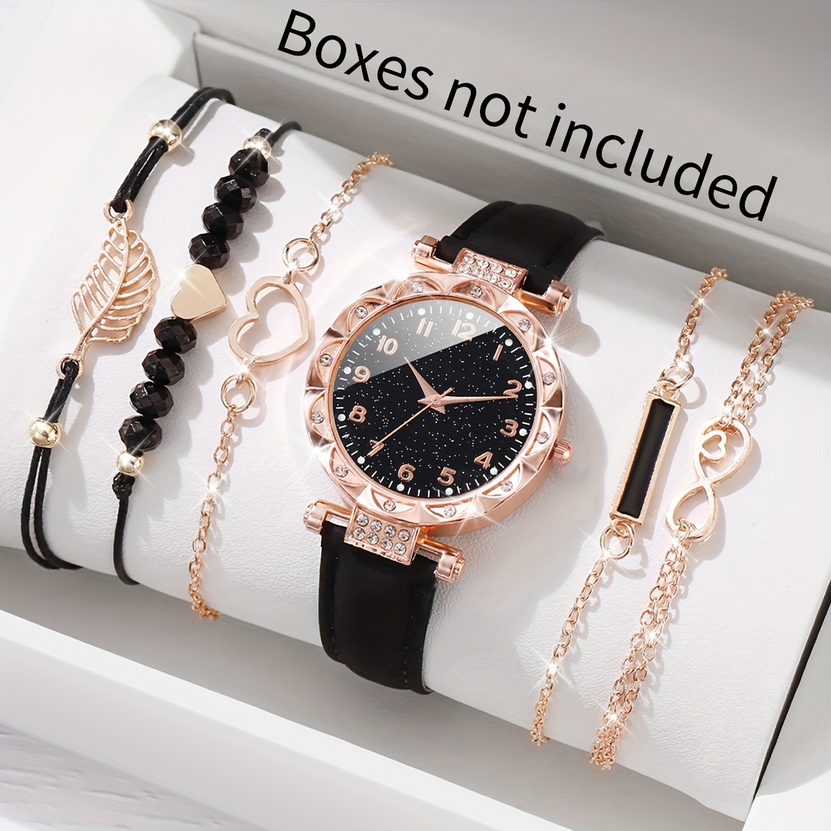 

6pcs/set Women's Watch Shiny Rhinestone Quartz Watch Analog Pu Leather Wrist Watch & Bracelets, Gift For Mom Her