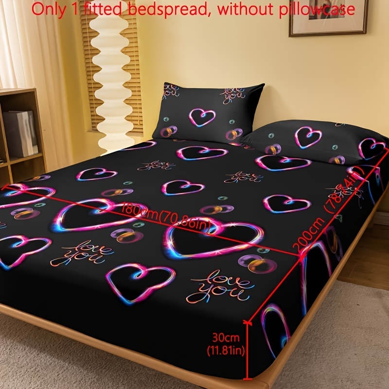 1pc Of Heart-shaped Flash Love Pattern Printed Flannel Fitted Sheet, Printed Bedspread For Bedroom, Bedding
