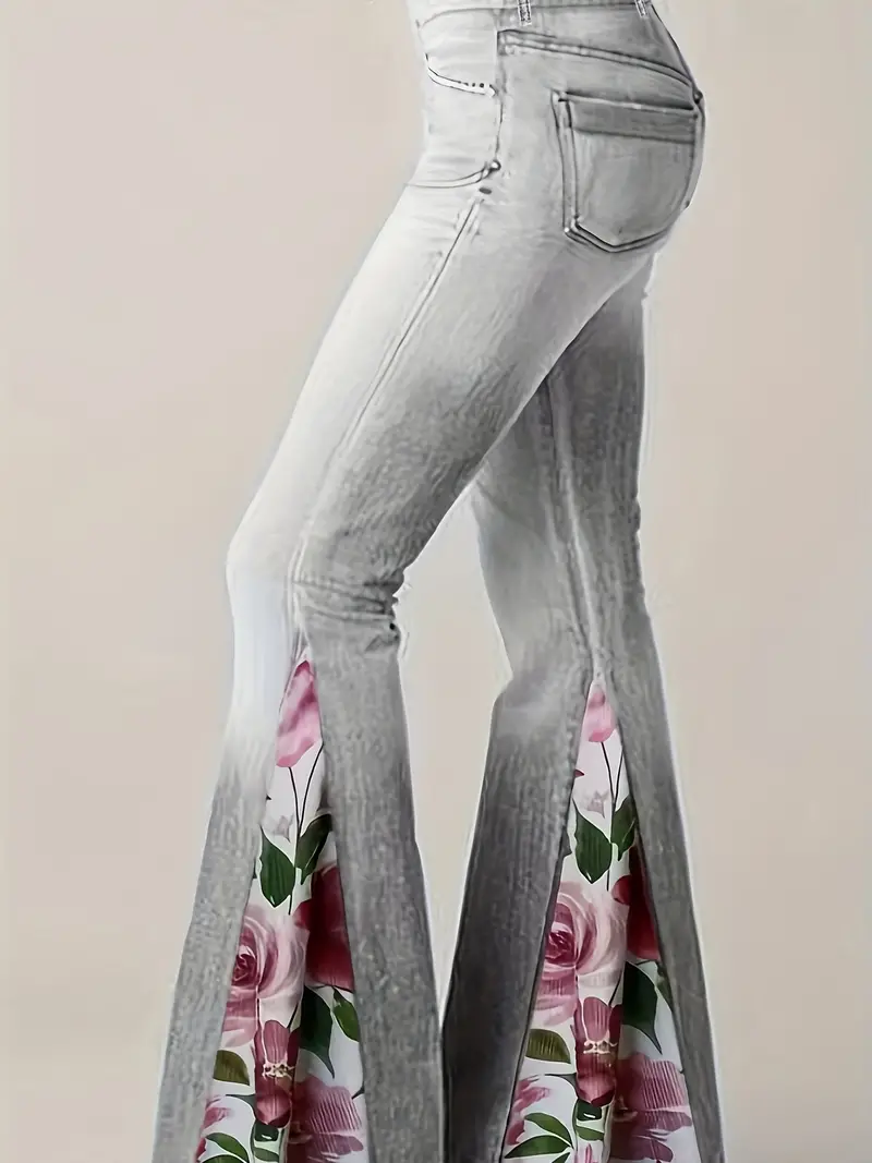 Pantalones Casuales De Talla * Pantalones Acampanados Con Panel Floral En  Contraste Con Estampado De Mezclilla Para Mujer Talla *