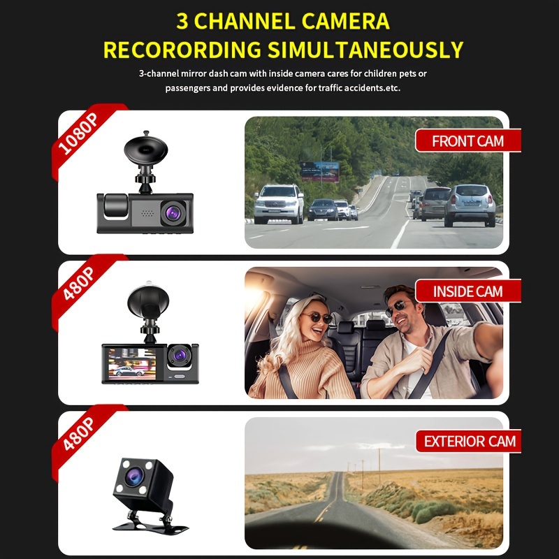 3 Channel Dash Cam for cars Front And Rear Inside, 1080P Dash cam with IR  Night Vision, Loop Recording Car DVR Camera With 2 Inch IPS Screen 3 Cameras  Car Dash cam