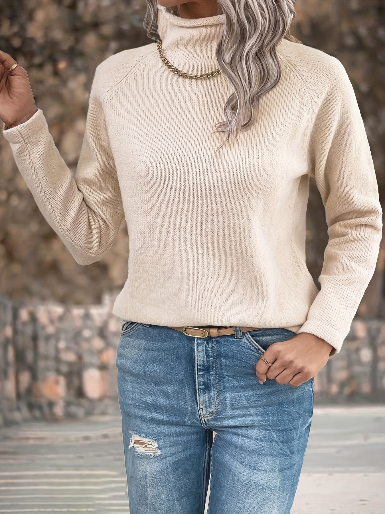 Solid Turtle Neck Pullover Sweater Casual Long Sleeve - Temu