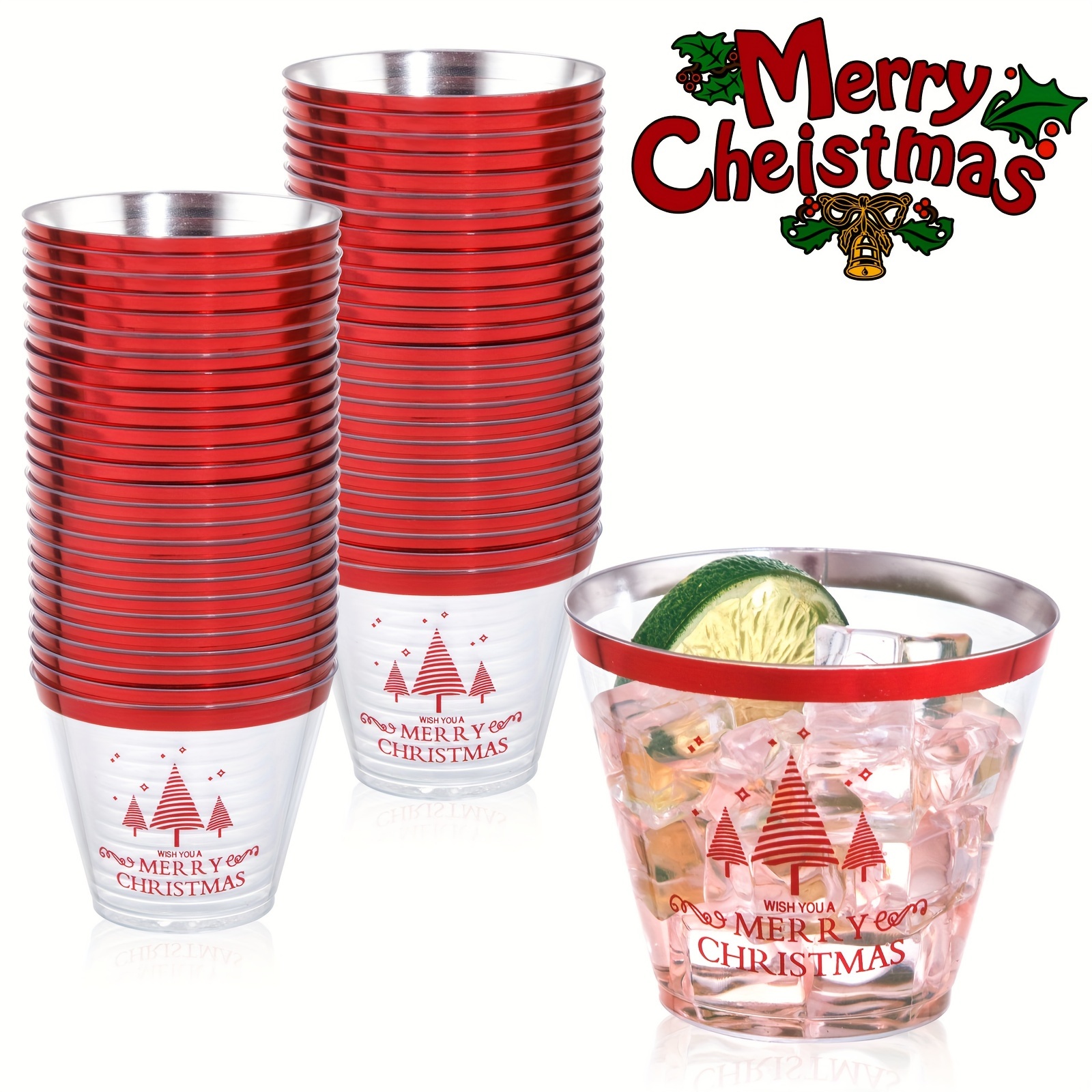 10Pcs Christmas Plastic Water Cups,12oz Reusable Party Cups for Xmas  Events, Cute Christmas Element Design Ideal Tumbler Gift