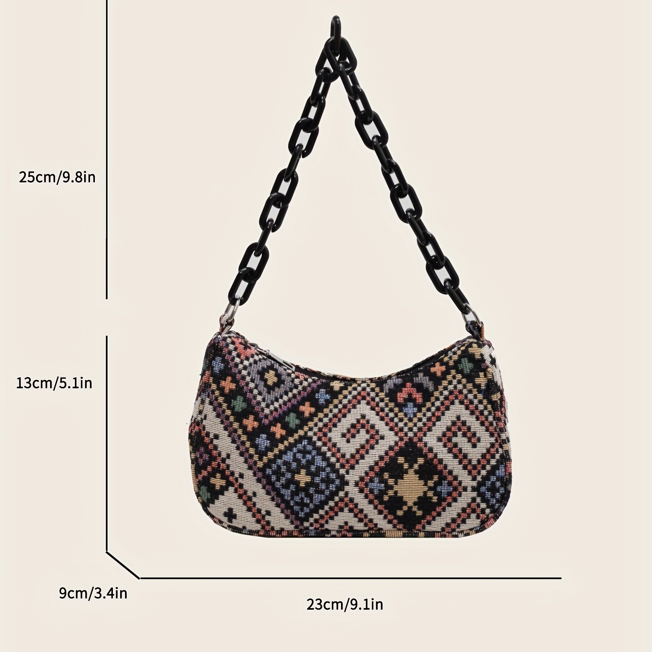 Vintage Fabric Hobo Bag Geometric Pattern Color Block Zipper Adjustable  Strap