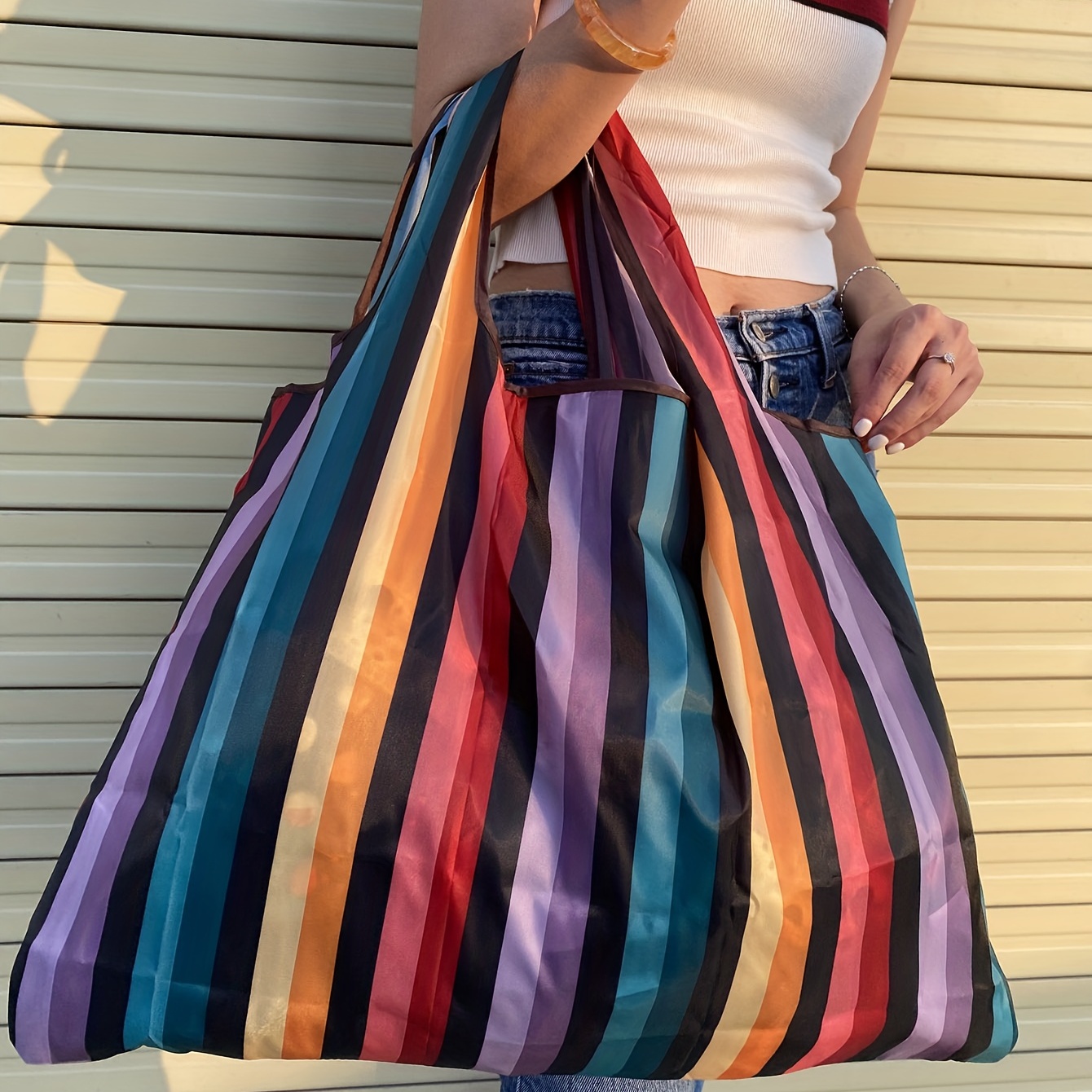 Rainbow Colorblock Shoulder Bag, Foldable Lightweight Storage Bag