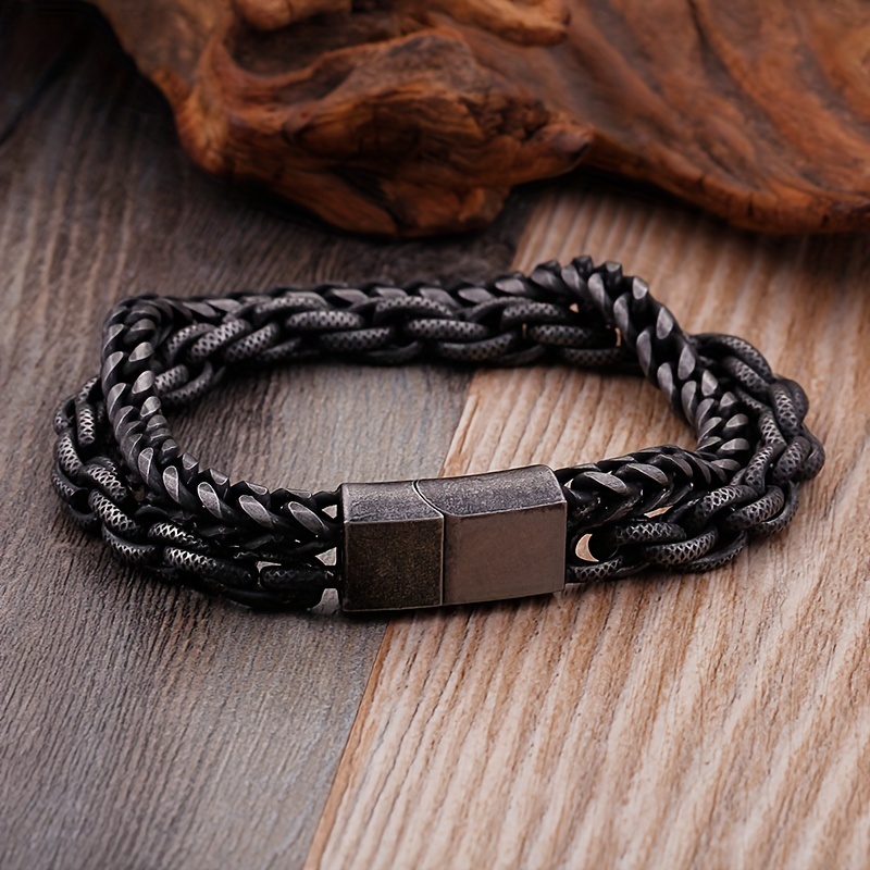 Men's Stainless Steel Matte Chain Bracelet Double Layer Retro