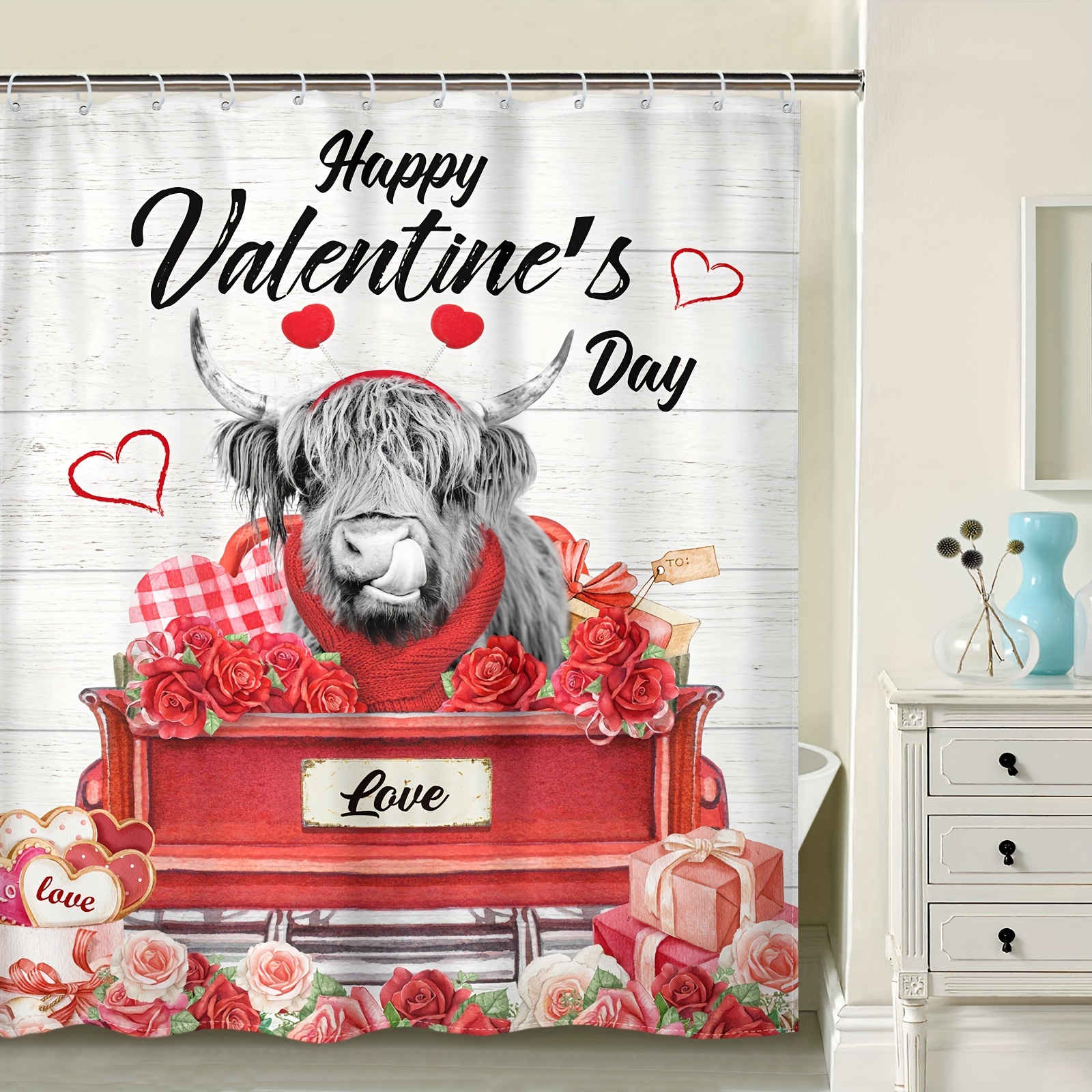 Happy Valentine's Day Shower Curtain Farmhouse Highland Cow - Temu