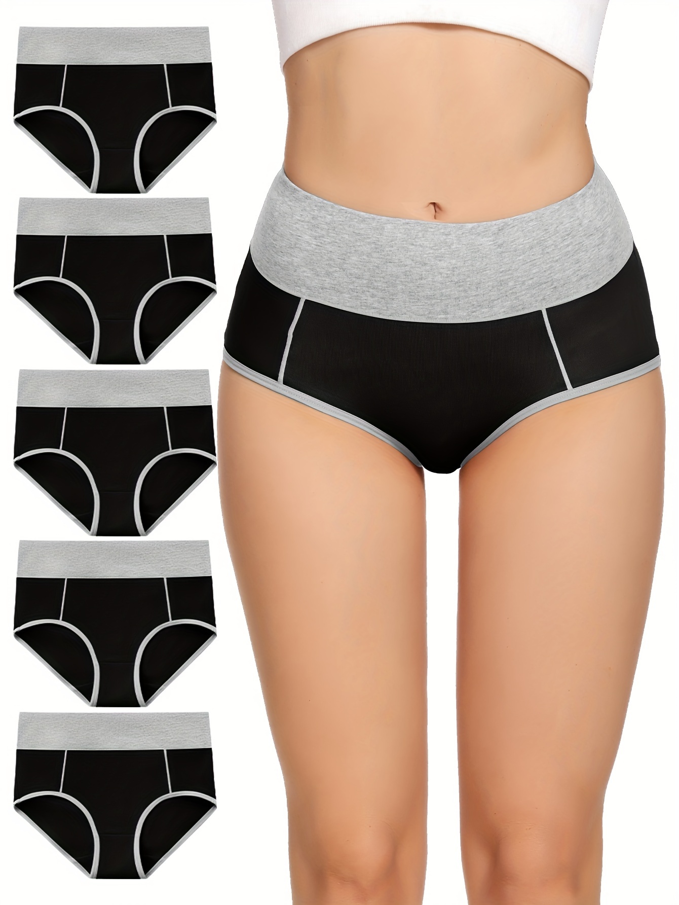 5 Pack Women's Simple Panties Set, Plus Size Contrast Binding High Waist  Double Layered Soft Panties 5pcs Set