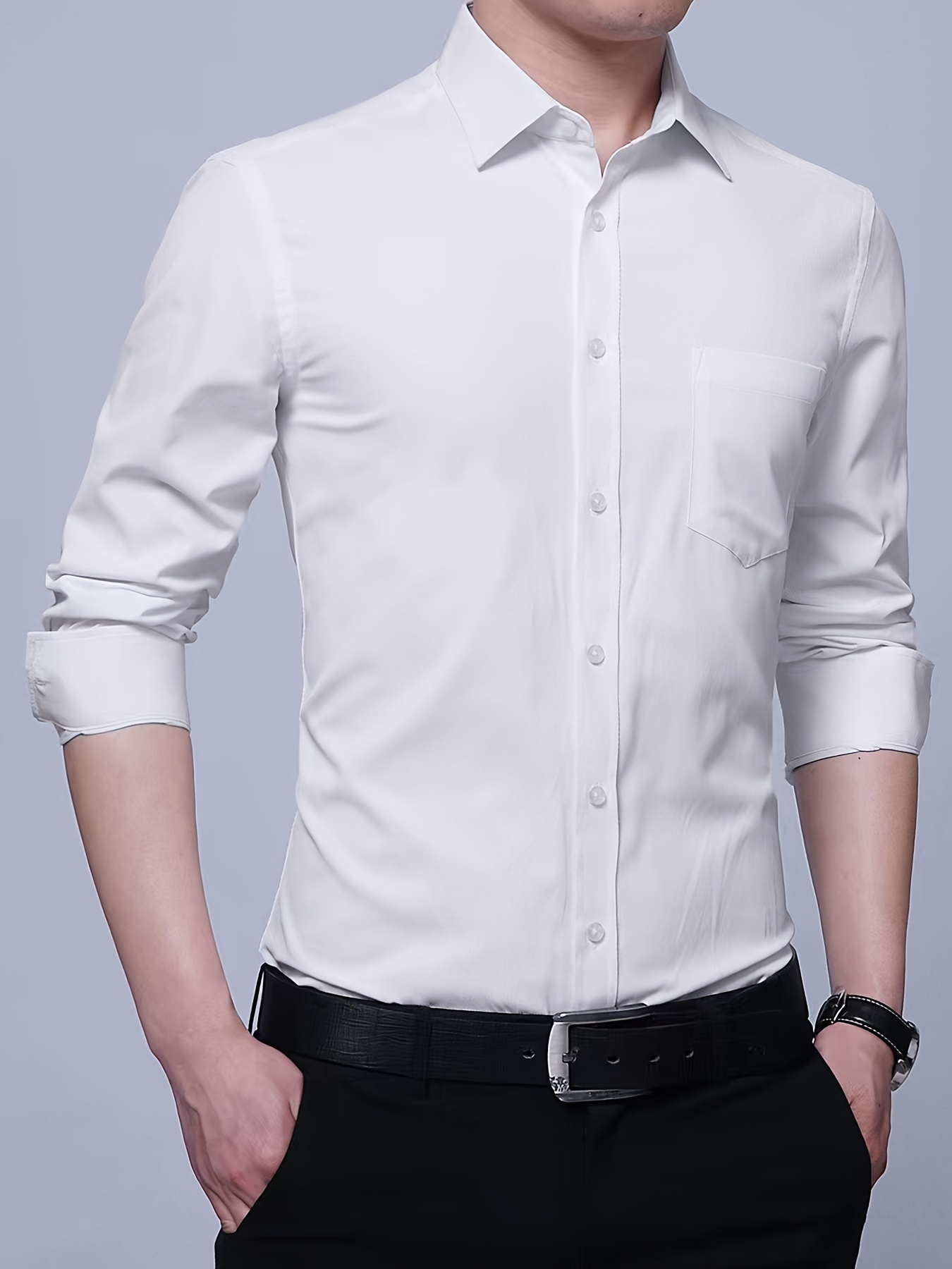 Men Solid Button-up Dress Shirt Long Sleeve Slim Fit Casual Business Office  Shirts Tops
