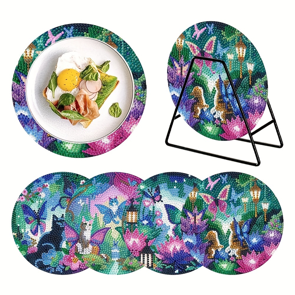4pcs Cat Pattern Diamond Painting Placemat Set With Butterfly