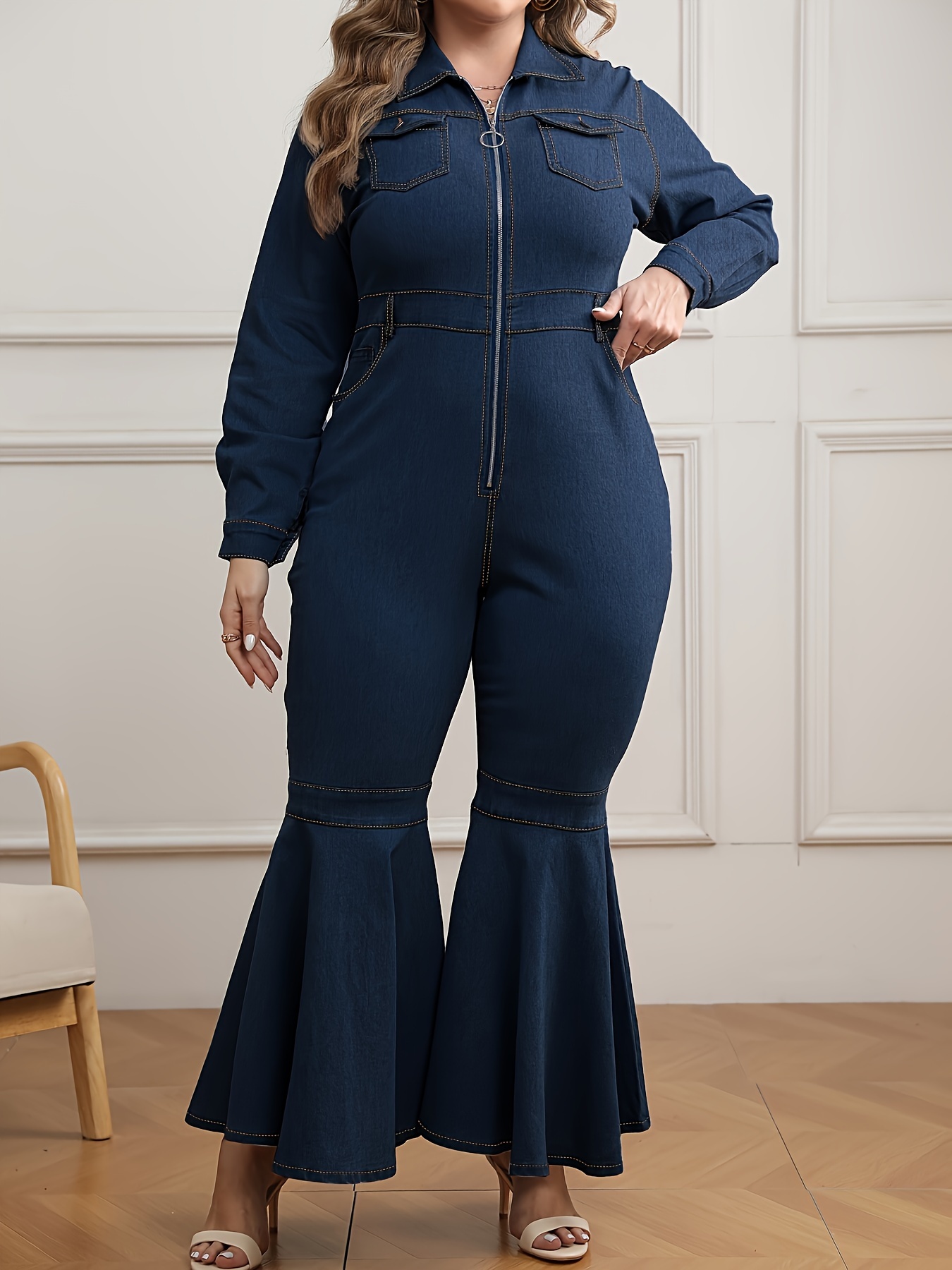 Plus Size Elegant Denim Overalls, Women's Solid Color Zipper Flap Pocket  Long Sleeve Lapel Flare Leg Bell Bottoms Plus Denim Jumpsuits