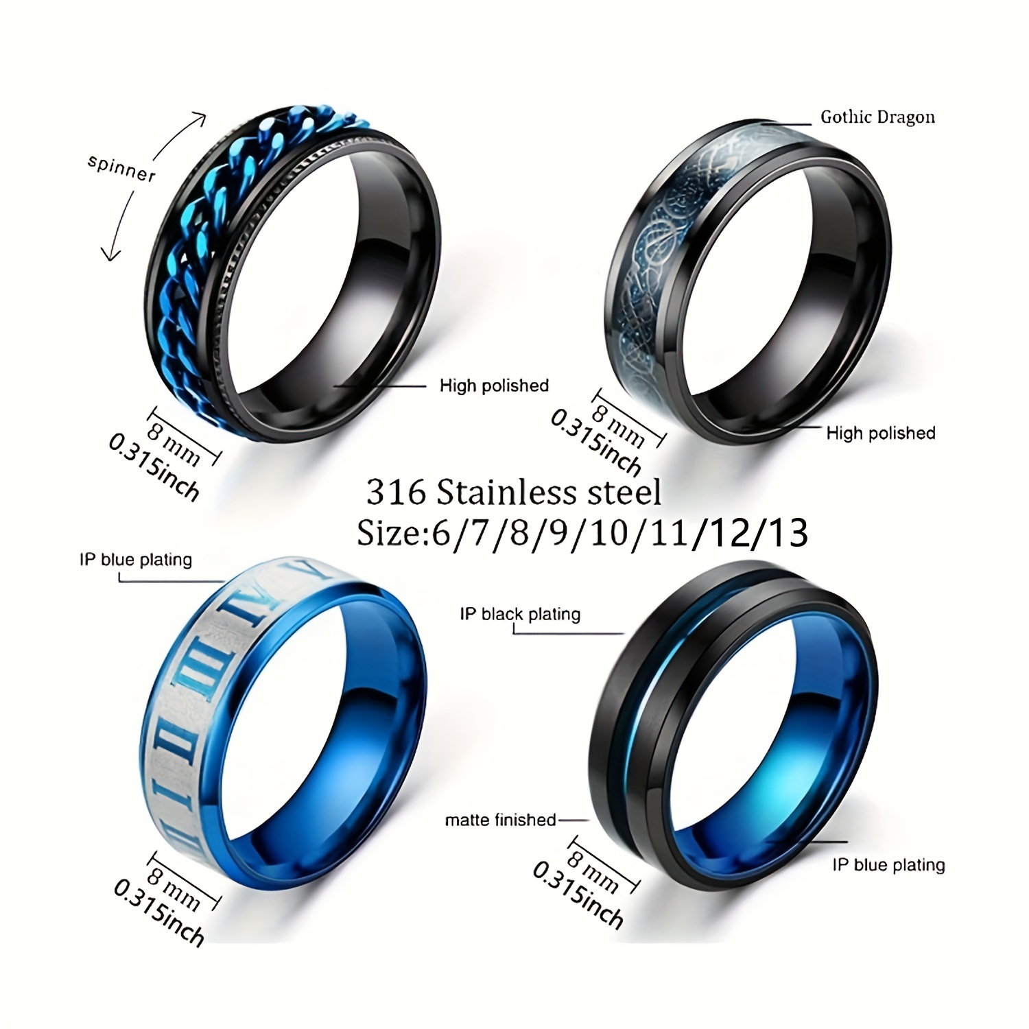 9pcs/set Men's Ring Stress Relief Chain Unisex Titanium Steel Ring Jewelry, Jewels,Rings for Couples,Temu