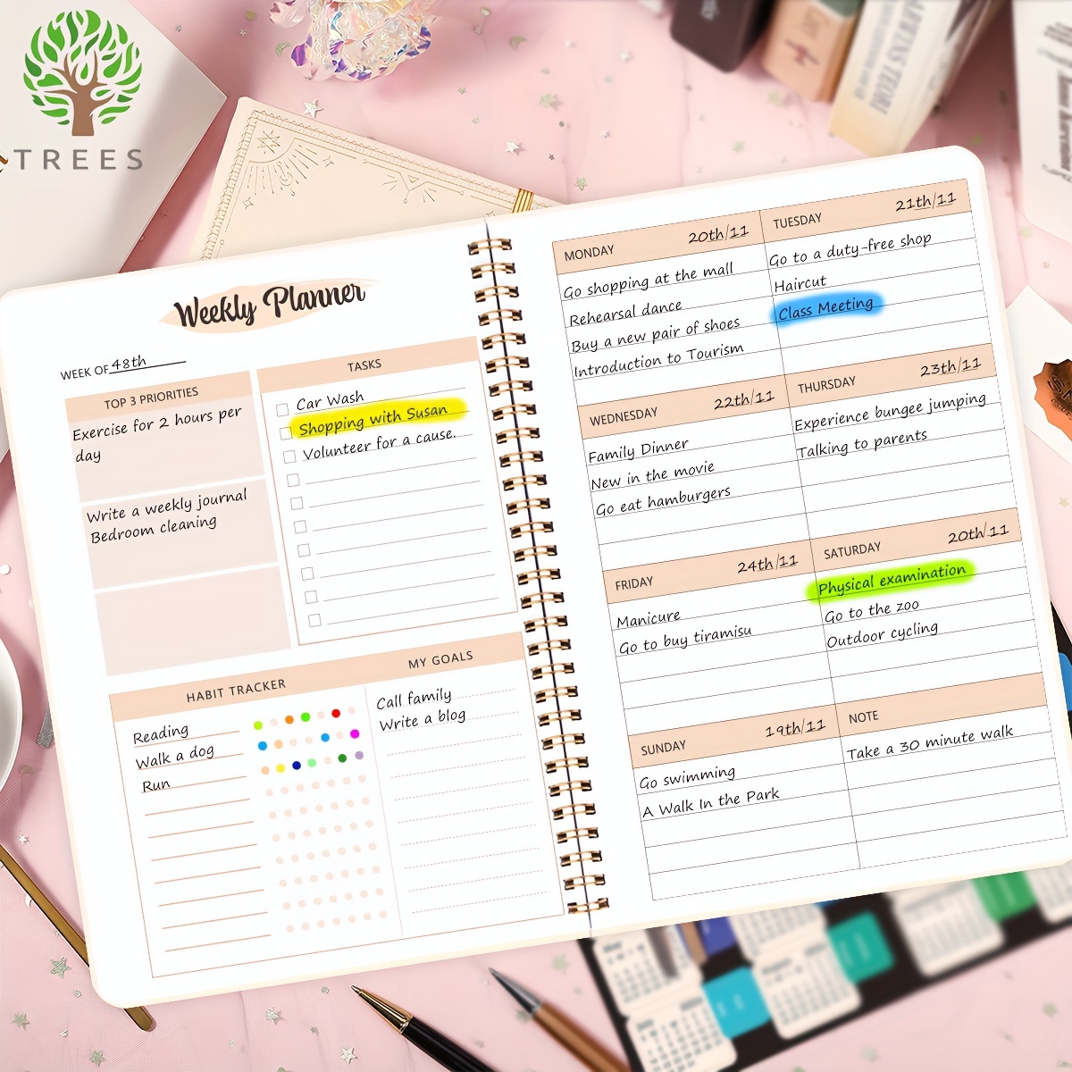 

Trees Flower Weekly Notebook Undated Goals Planner Agenda Spiral Habit Tracker Calendar Journal 52 Weeks Planner Productivity Organizer Perfect For Work