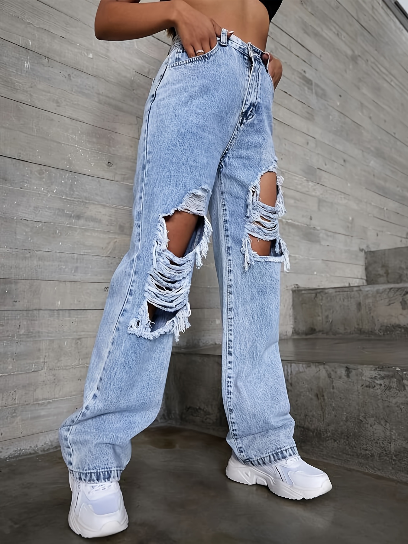 High Rise Ripped Legs Straight Boyfriend Jeans Loose Fit High