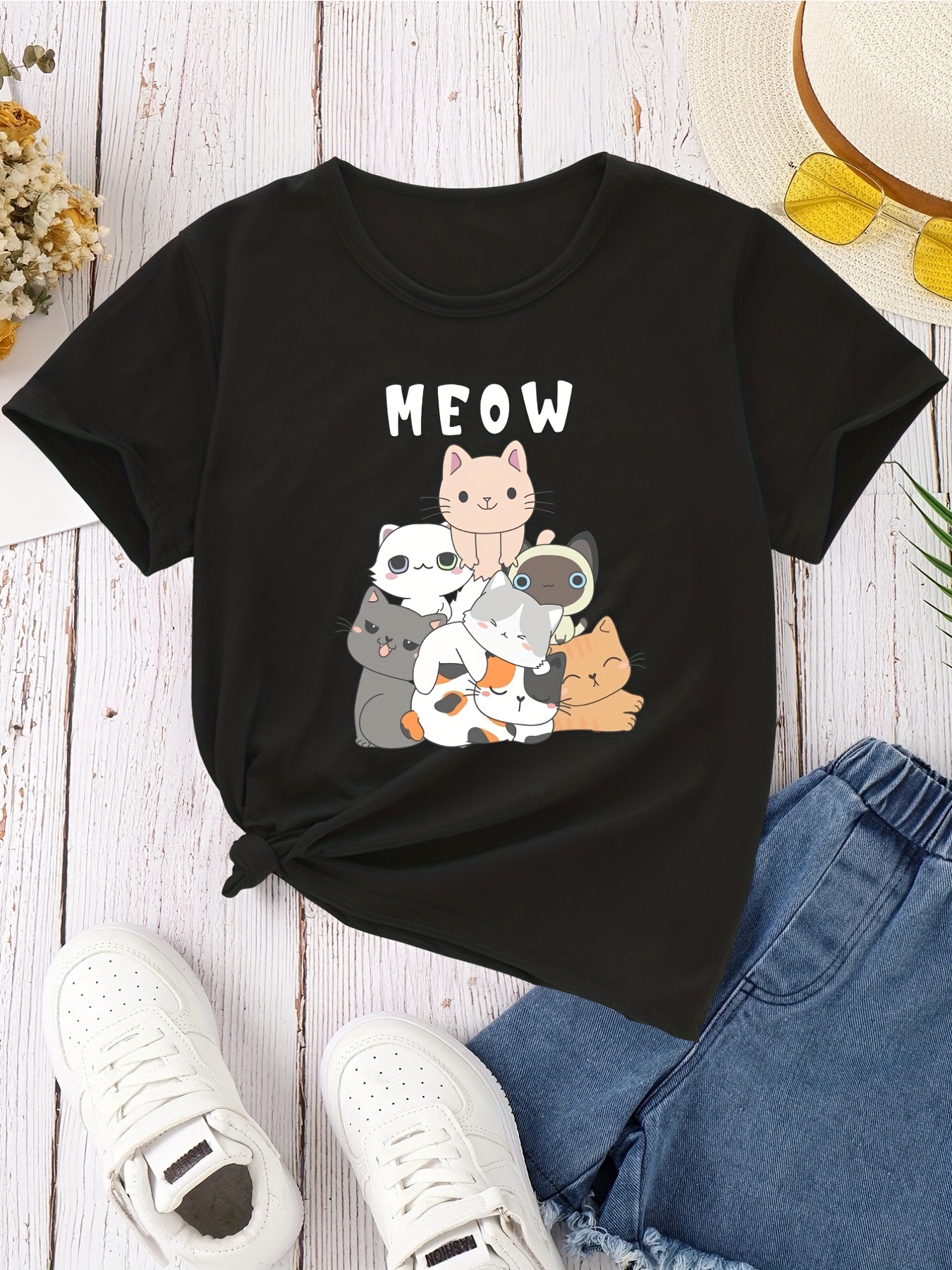 Cartoon Cat Print Pajamas Set Short Sleeve Crew Neck Top - Temu Canada