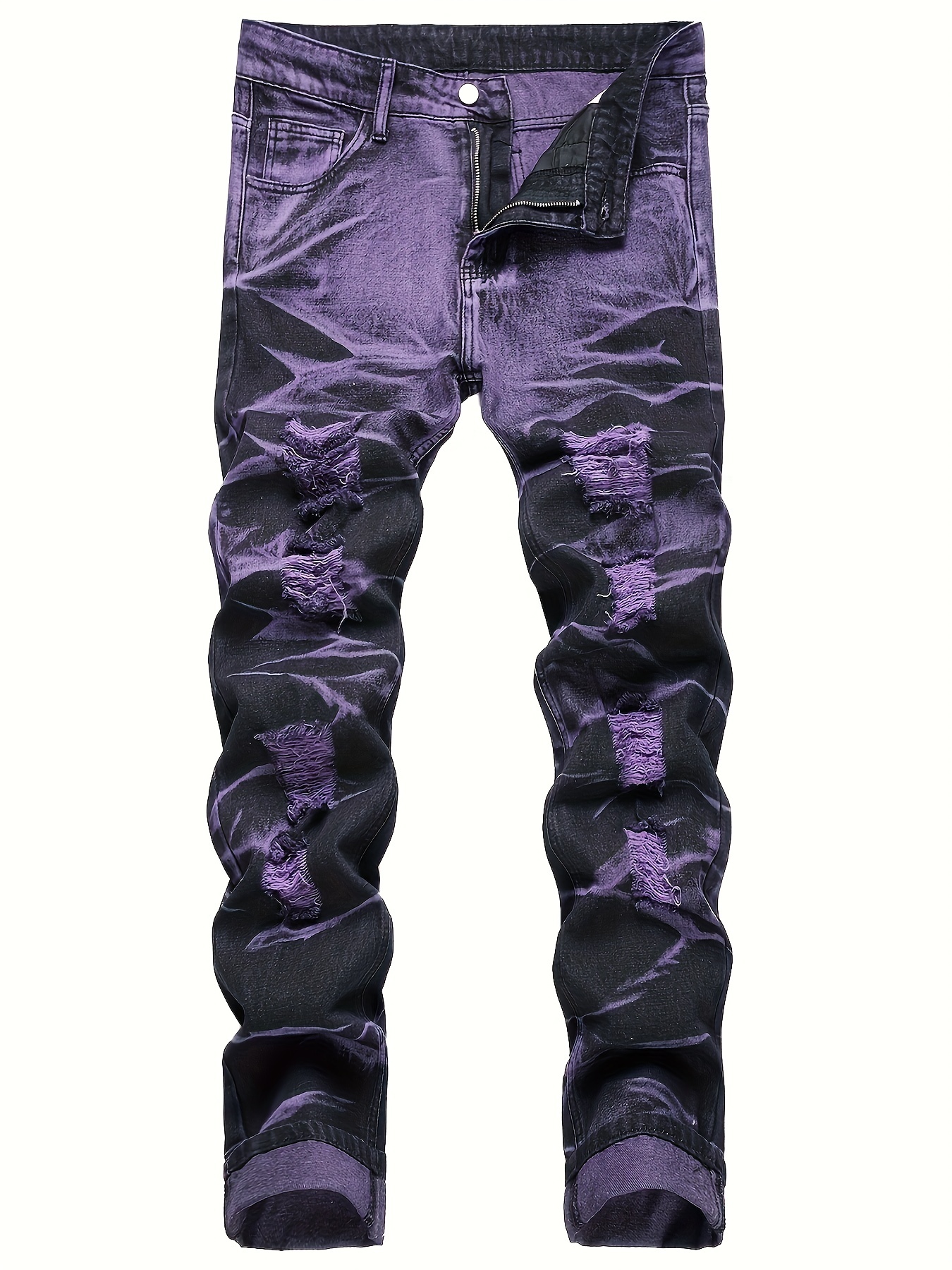 Luxury Mens Purple Designer Jeans With Distressed Ripped Detailing