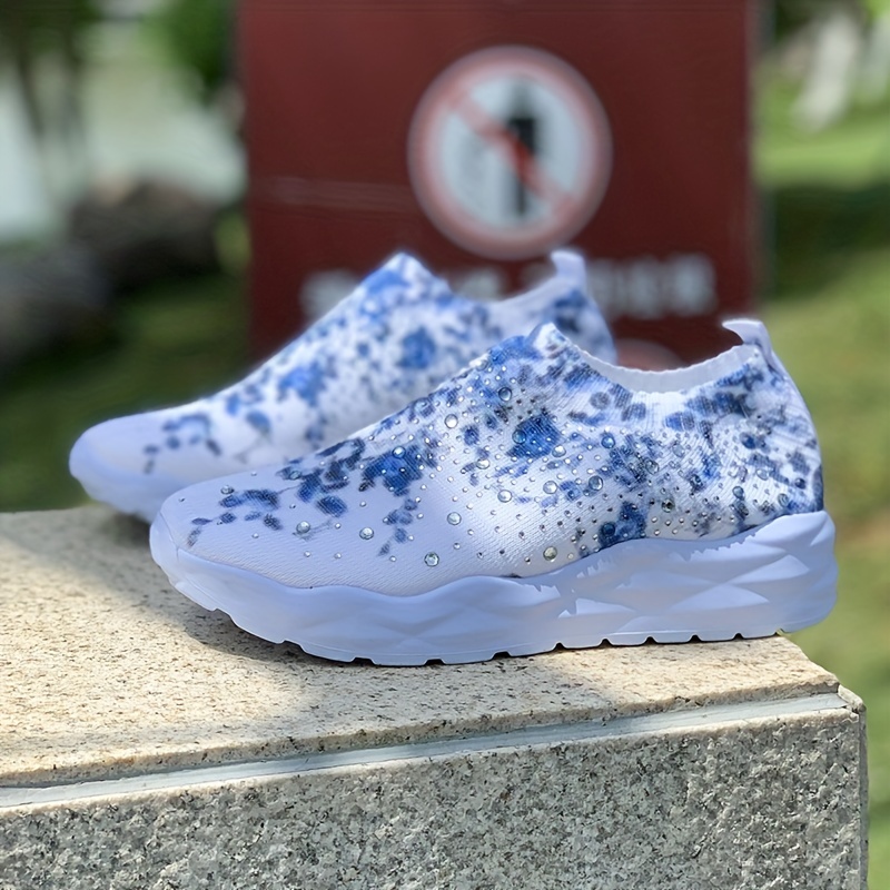 soksneakers met bloemenprint voor dames, instapschoenen met strass-decor,  lage schoenen voor casual wandelen | Bespaar Geld Op Temu | Temu