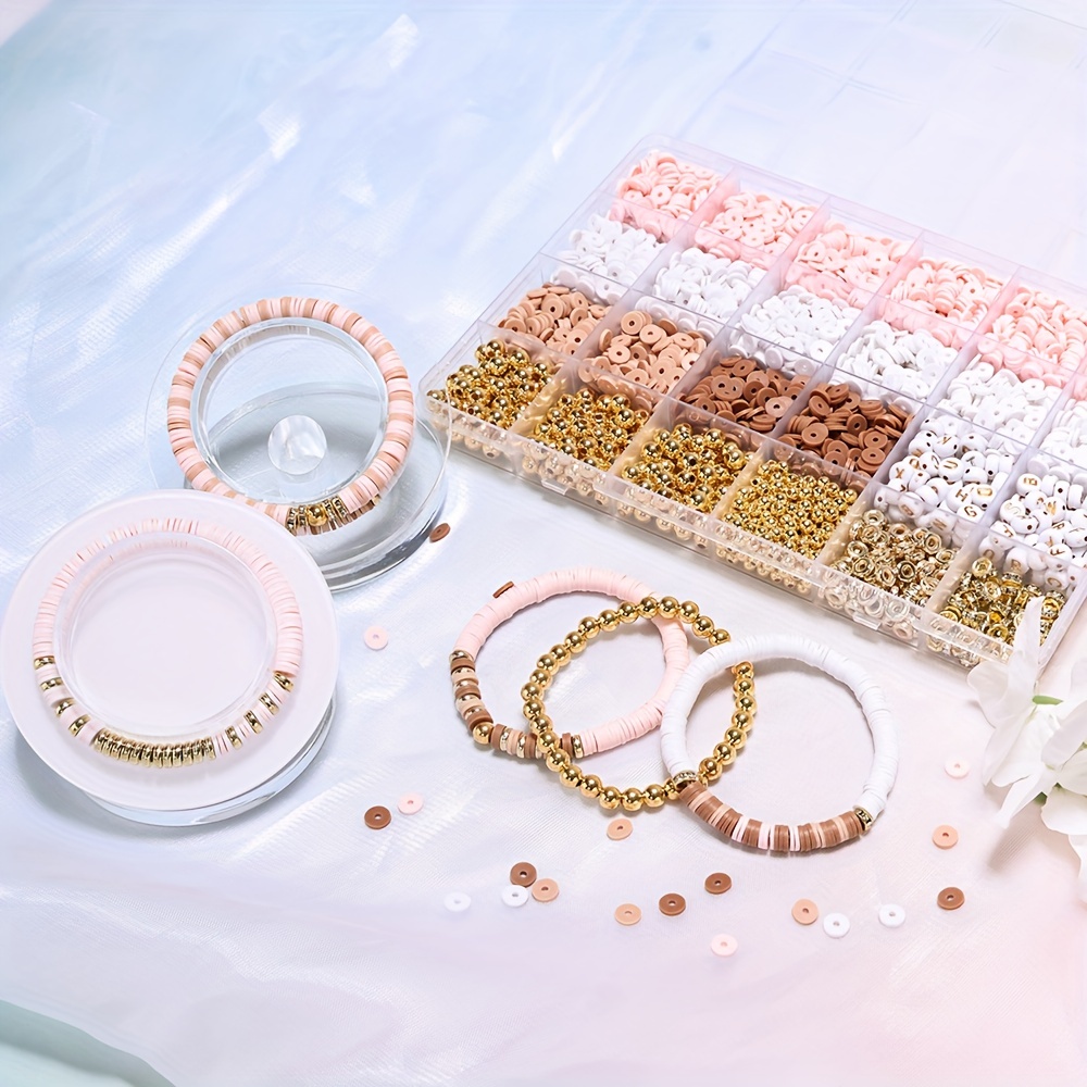 Boho Clay Beads Bracelet Kit Friendship Bracelet Making Kit For Women  Golden Beads Pink White Clay Beads Kit For DIY Jewelry Making