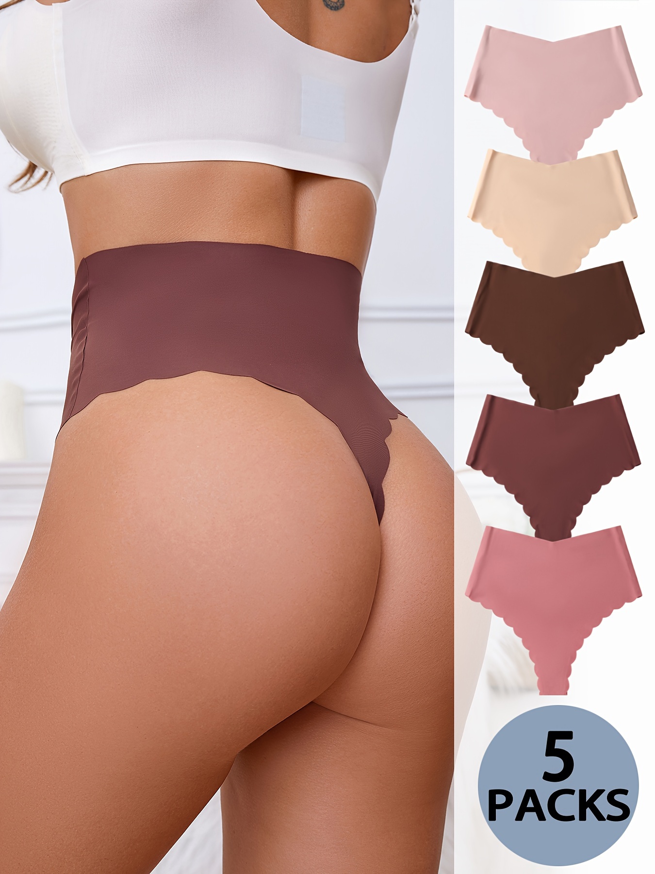 7 Pcs Scallop Trim Solid Thongs Comfy Seamless Low Waist High