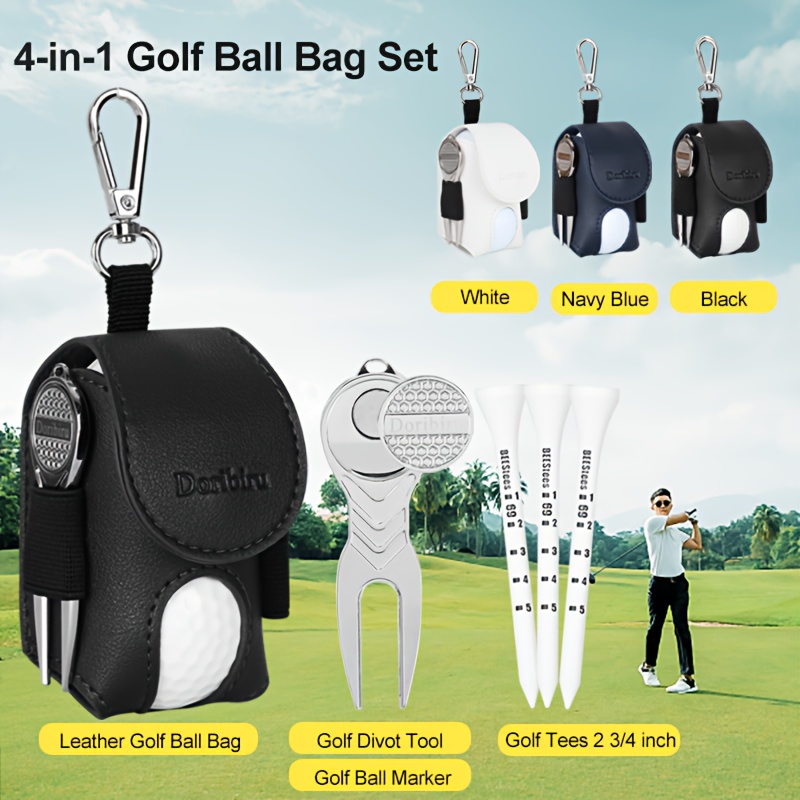 

4-in-1 Golf Ball Bag Set, Pu Leather Golf Ball Waist Bag, Golf Divot Repair Tool, Golf Ball Marker, 3pcs Wooden Golf Tees, For Golf Competition Or Training