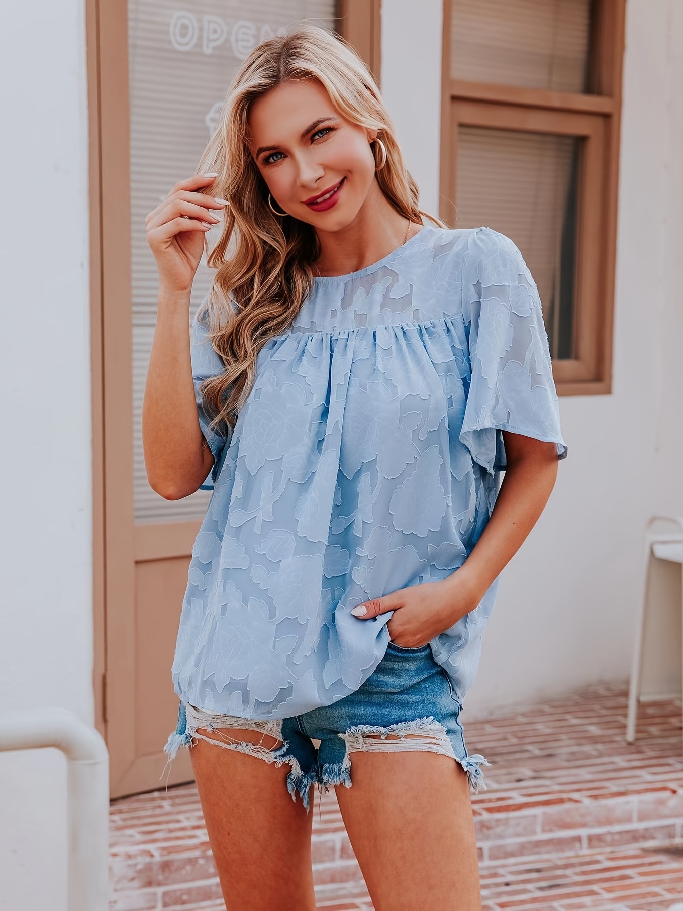 Casual Lace Flare Sleeve Blouse Short Sleeve Crew Neck Solid - Temu