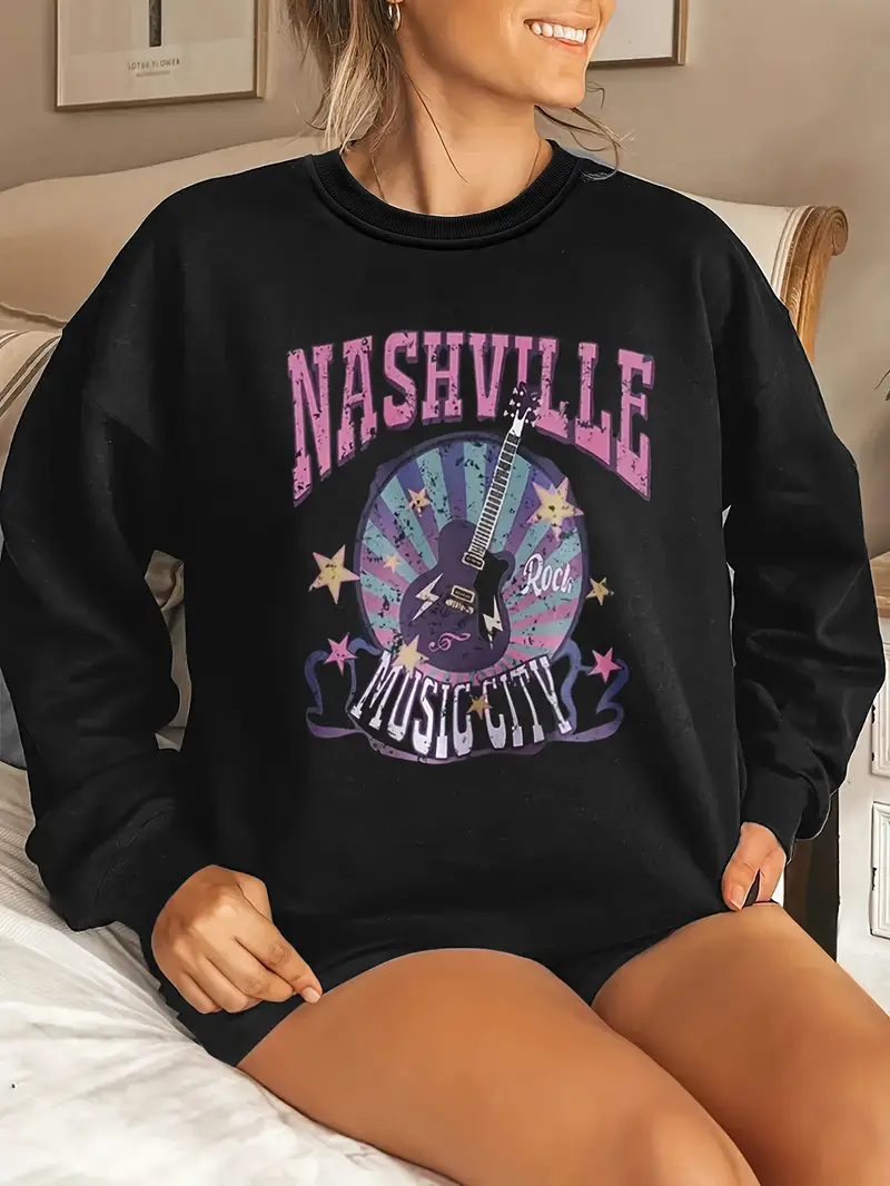 nashville music city print sweatshirt casual long sleeve crew neck sweatshirt womens clothing details 1