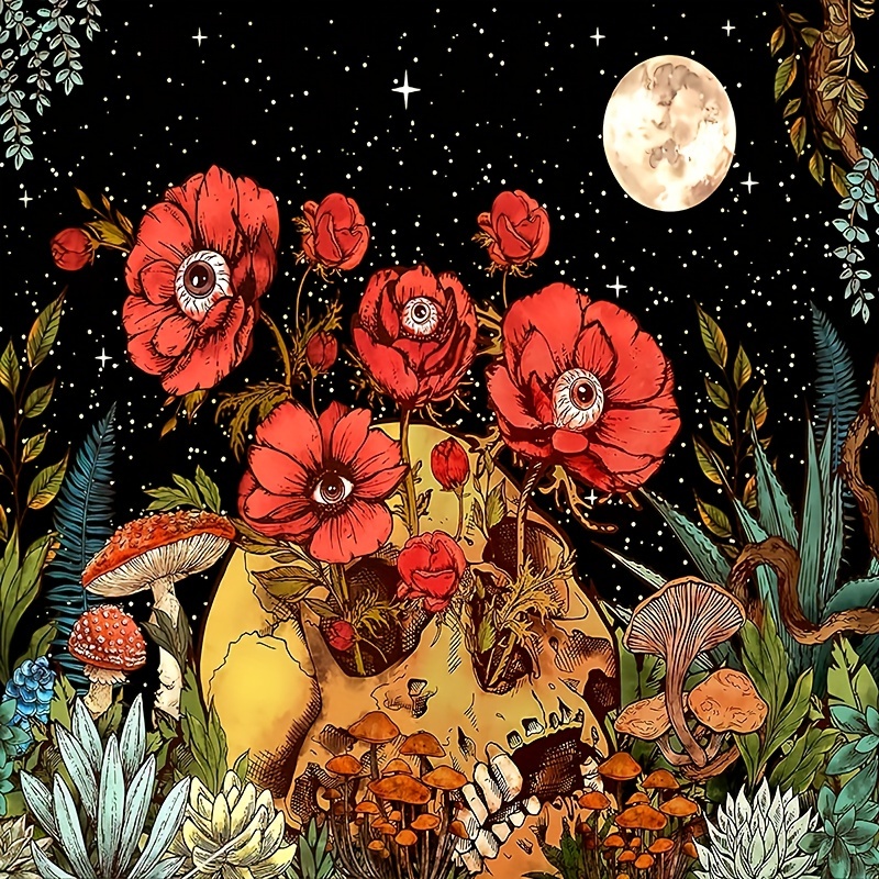 Mushroom Skull Floral Plant Moon Stars Print Tapestry Wall - Temu