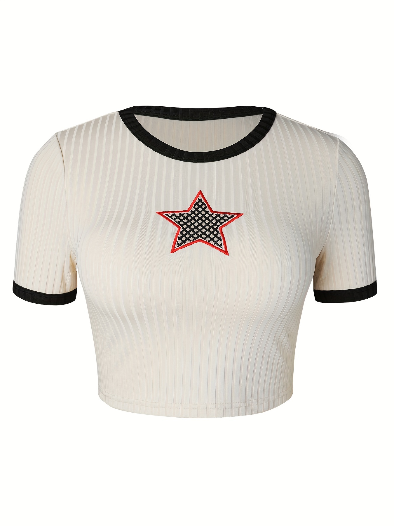Y2k Star Print Crop Tee Crew Neck Short Sleeve Color Block T Shirt