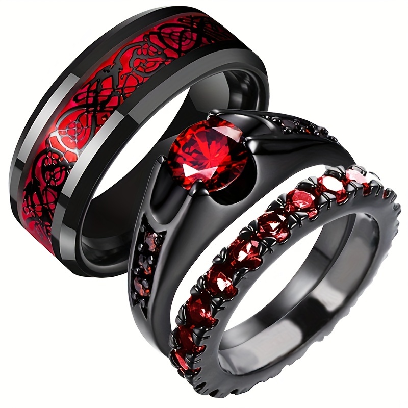 

Gothic Punk Couple Ring Red Zircon Gem Engagement Ring Set Women's Wedding Men's Ring Valentine's Day Gift