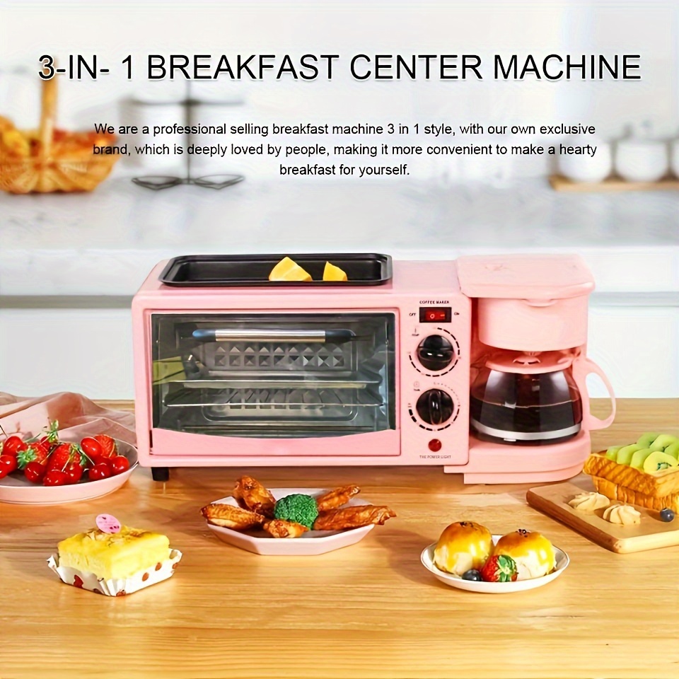 US Plug 3-in-1 Breakfast Machine Station Toaster Bread Machine Oven,30  Minute Timer,Heating Selection Mode,4 Cup Coffee Machine,Baking Pan,Toaster  Bre