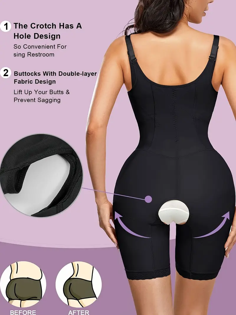 Lace Trim Shaping Romper, Front Buckle Tummy Control Butt Lifting Open  Crotch Body Shaper, Women's Underwear & Shapewear