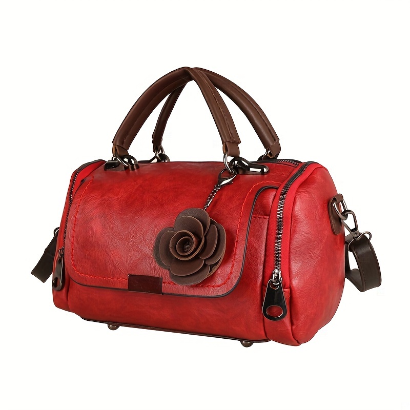 classic elegant handbag retro flower decor boston bag fashion pu leather crossbody bag for women