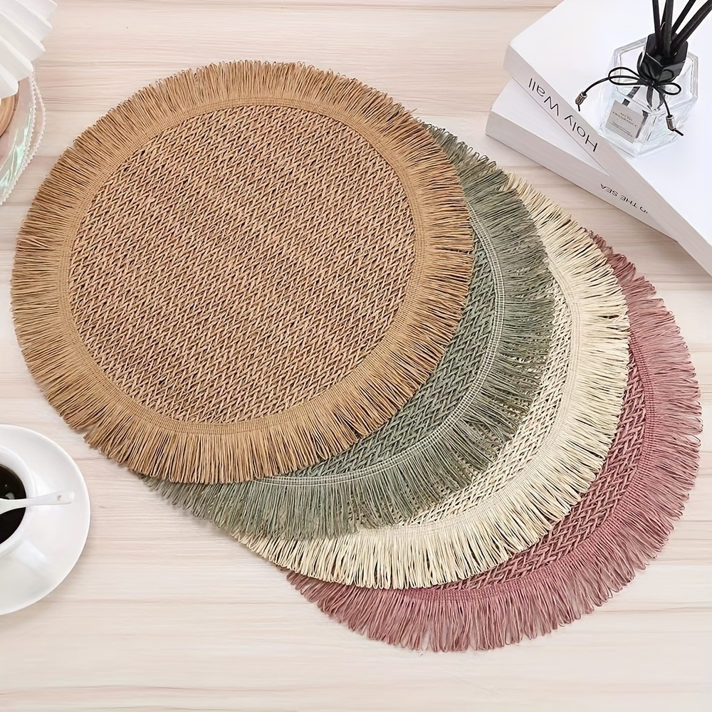 

2/4pcs, Paper Round Placemat, Natural Tassel Table Pad, Western Food Table Mat, Coffee Table Pad, Heat Insulation Mat, Hotel Waterproof Non-slip Table Decoration Pad, Home Decoration