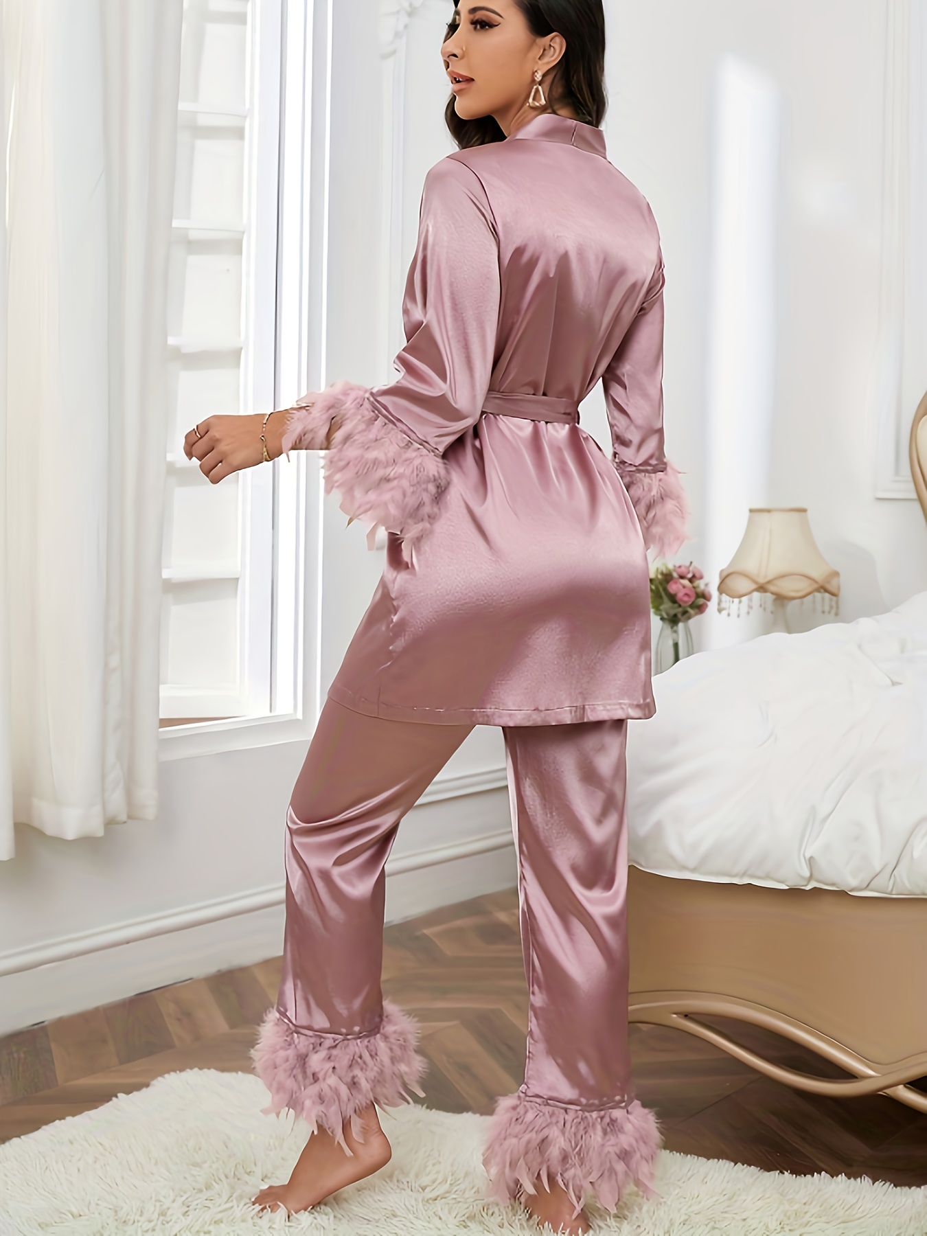 Conjunto Pijama Satén Simple Bata Manga Larga Cinturón - Temu