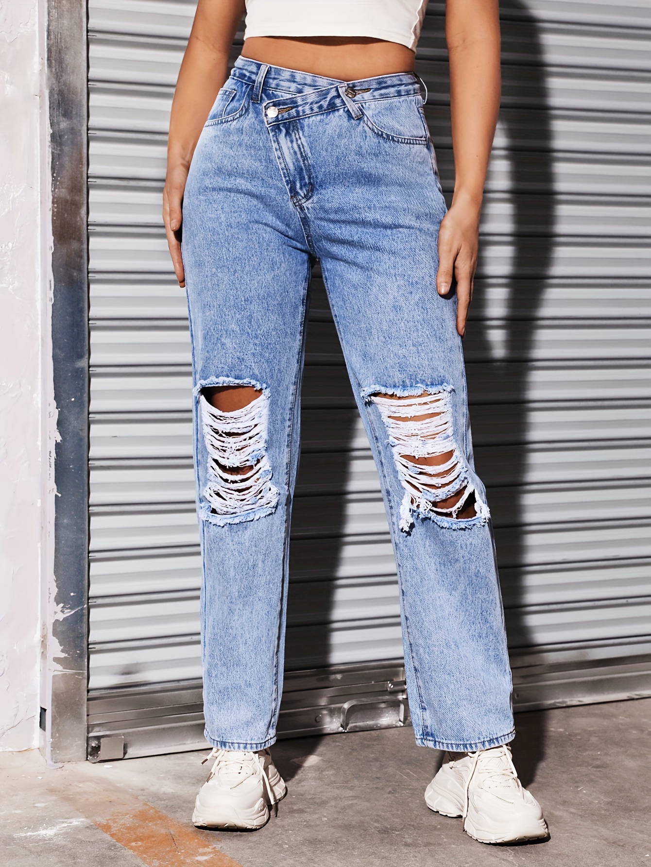 Ripped Distressed High * Jeans, Loose Fit Street Style Straight Denim  Pants, Women's Denim Jeans & Clothing