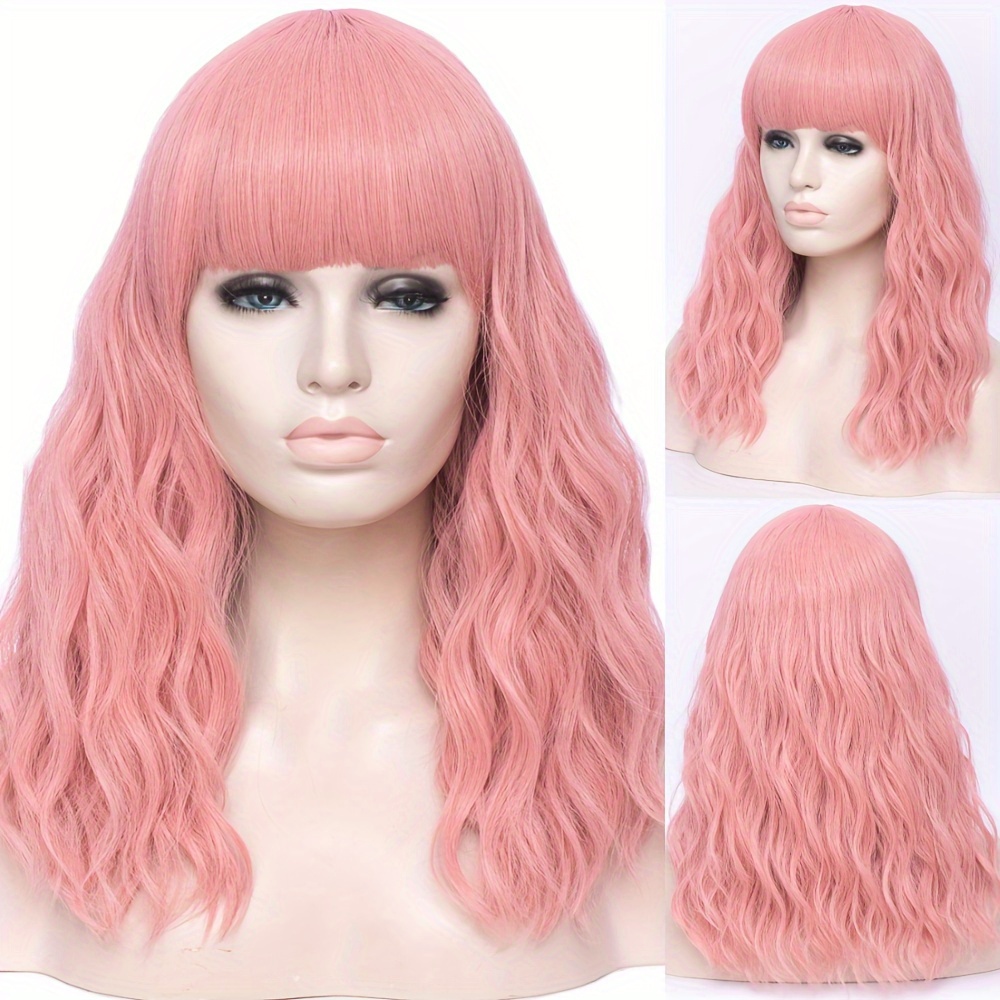 Long Wavy Pink Wig with Bangs for Women
