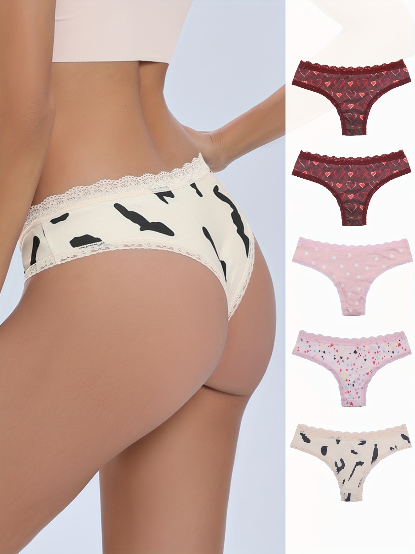 5pcs Heart Print Hipster Panties, Comfy & Cute Low Waist Lace Trim Panties,  Women's Lingerie & Underwear