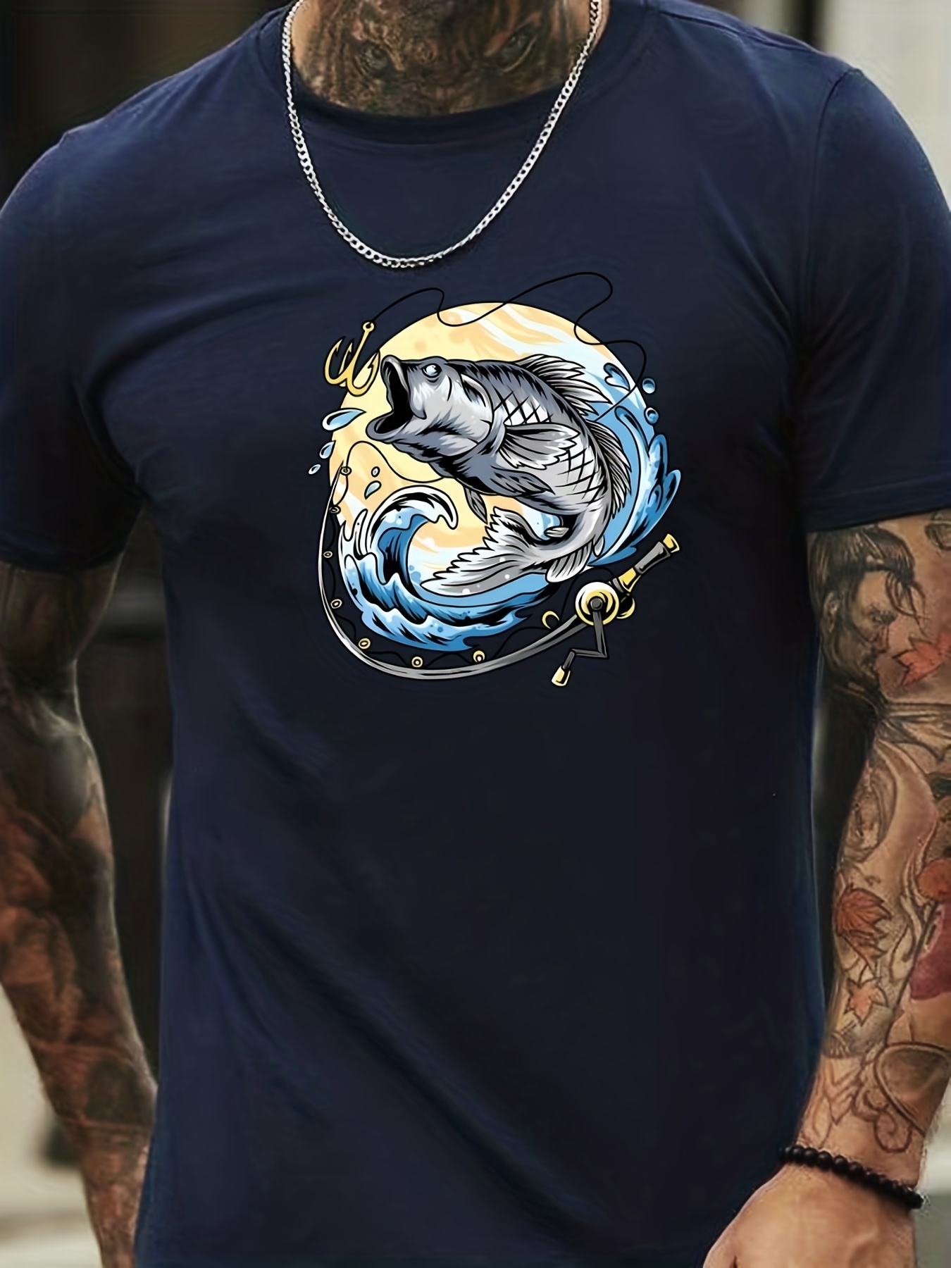 Men's Casual Part Time Hooker Fish Graphic Print Round Neck T-shirt, Summer Oversized Loose Tee Plus Size