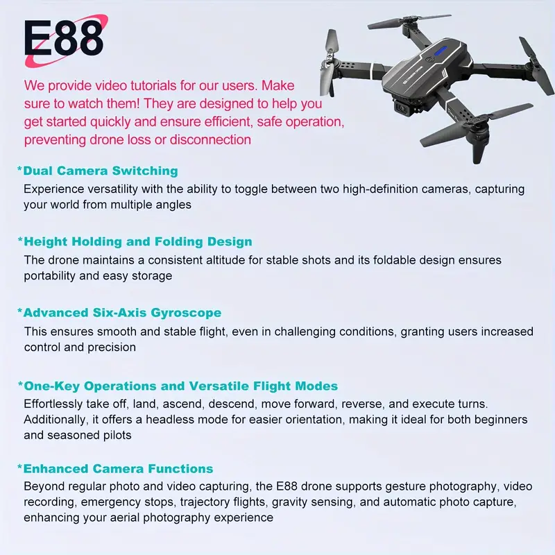 E88 Quadcopter UAV Drone:Altitude Hold, One-Key Takeoff, Dual HD Cameras/single HD Camera, Auto Capture, Gravity Sensing, LED Lights. The Most Affordable Product, Perfect For Adults And Gift Choice. details 0